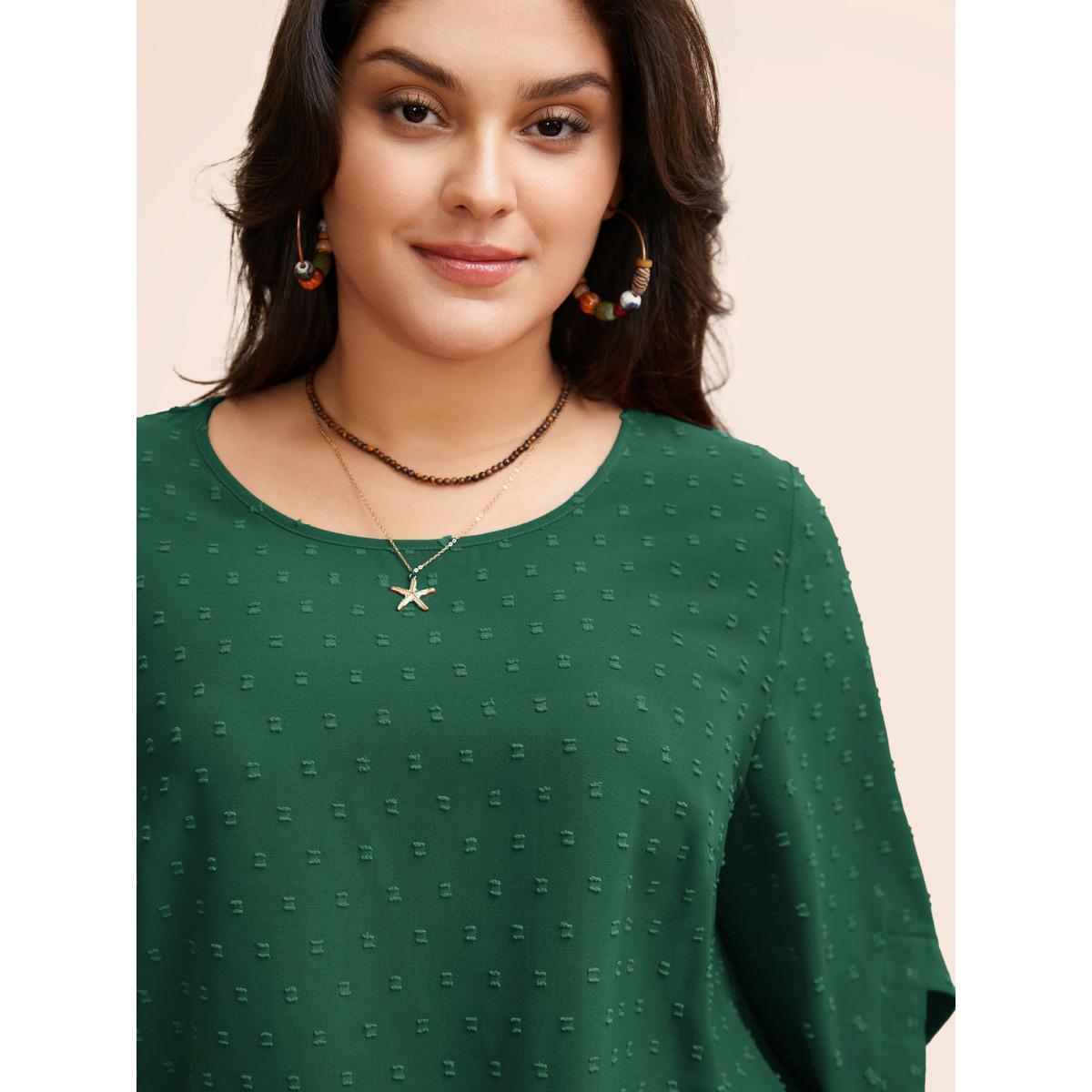 Plus Size Deepred Textured Round Neck Bell Sleeve Blouse Women Elegant Elbow-length sleeve Round Neck Everyday Blouses BloomChic 14-16/1X Product Image