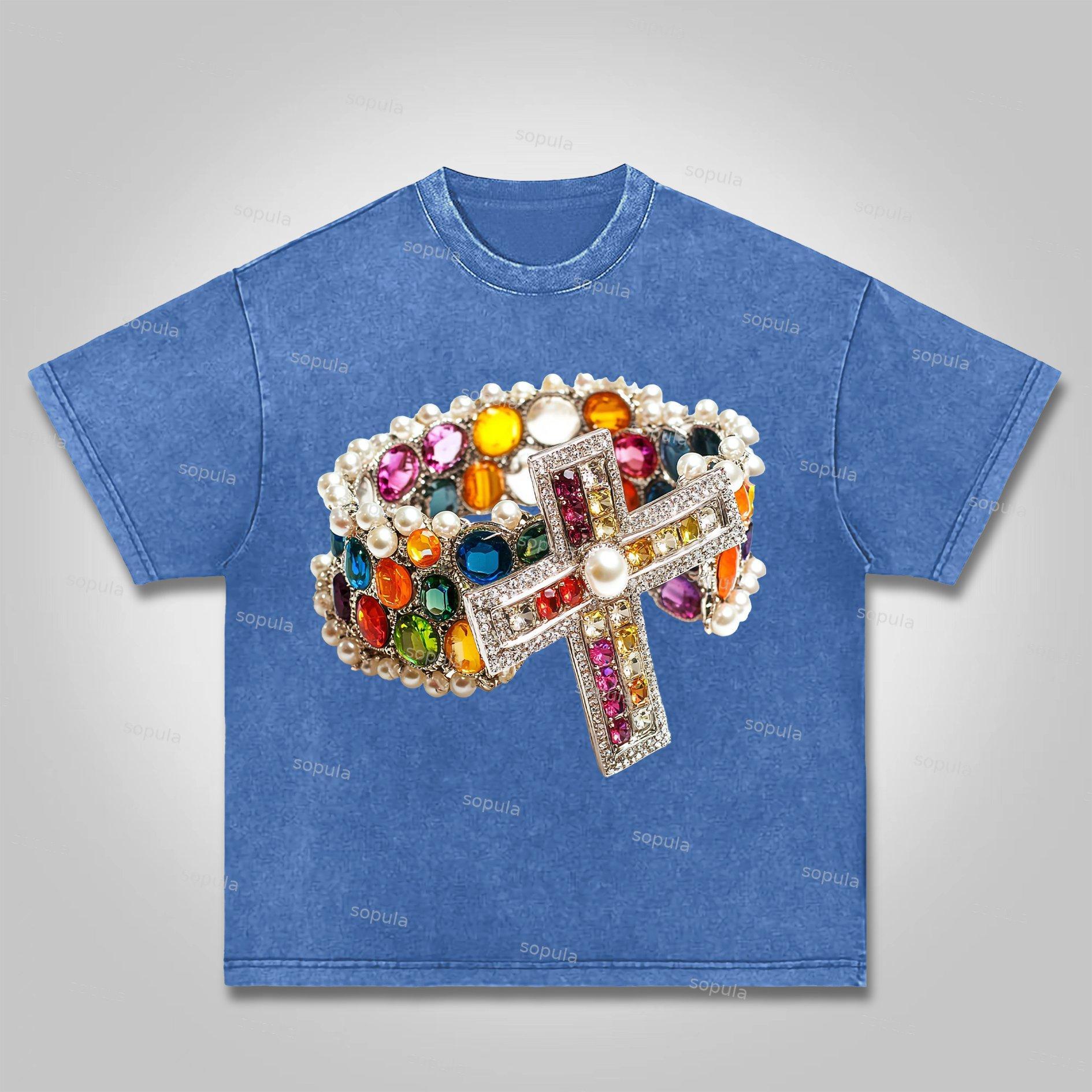 Sopula Vintage Diamond Cross Graphic Print Acid Washed T-Shirt Product Image