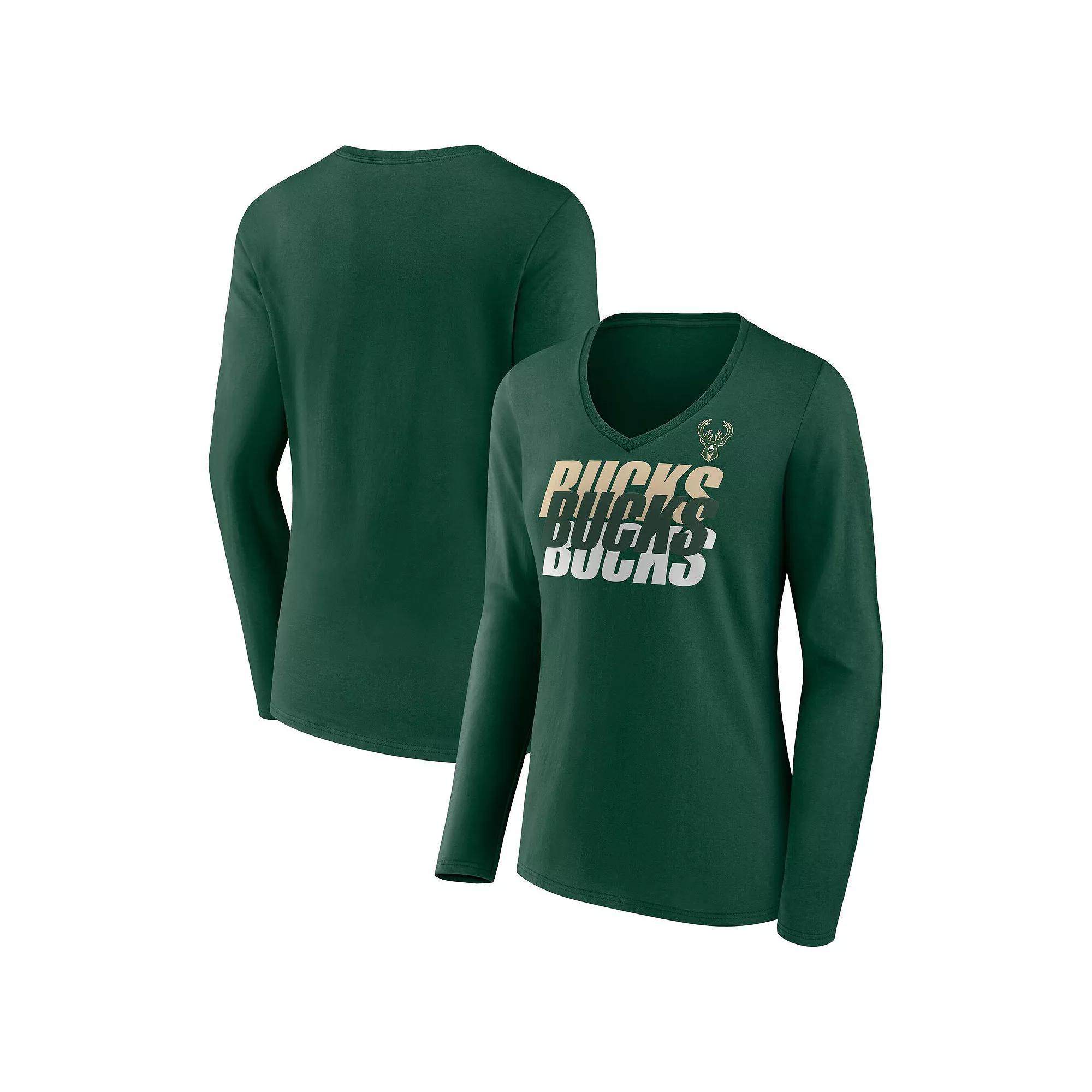 Womens Fanatics Hunter Green Milwaukee Bucks Iconic Tumble Long Sleeve V-Neck T-Shirt Product Image