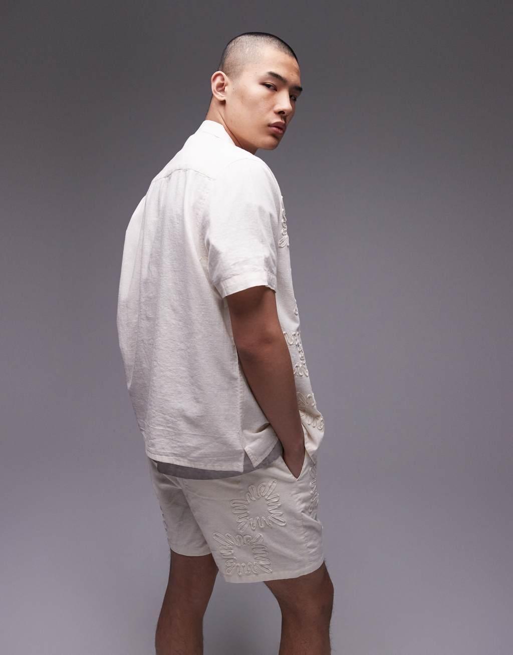 Topman short sleeve regular fit embroidered shirt set in off white Product Image