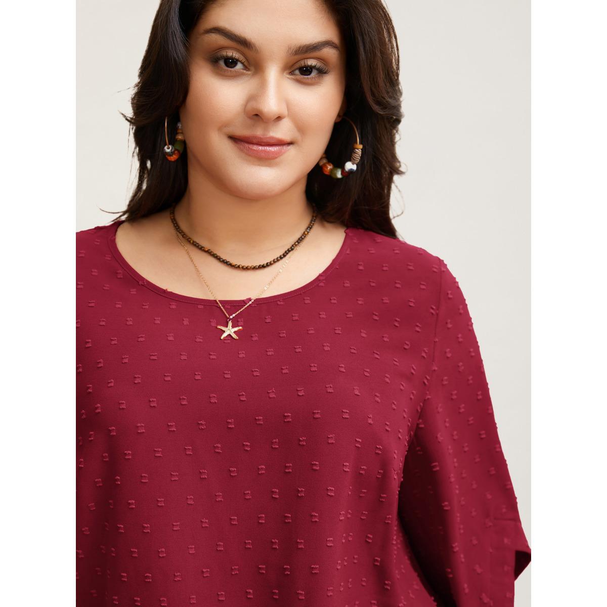 Plus Size Deepred Textured Round Neck Bell Sleeve Blouse Women Elegant Elbow-length sleeve Round Neck Everyday Blouses BloomChic 14-16/1X Product Image