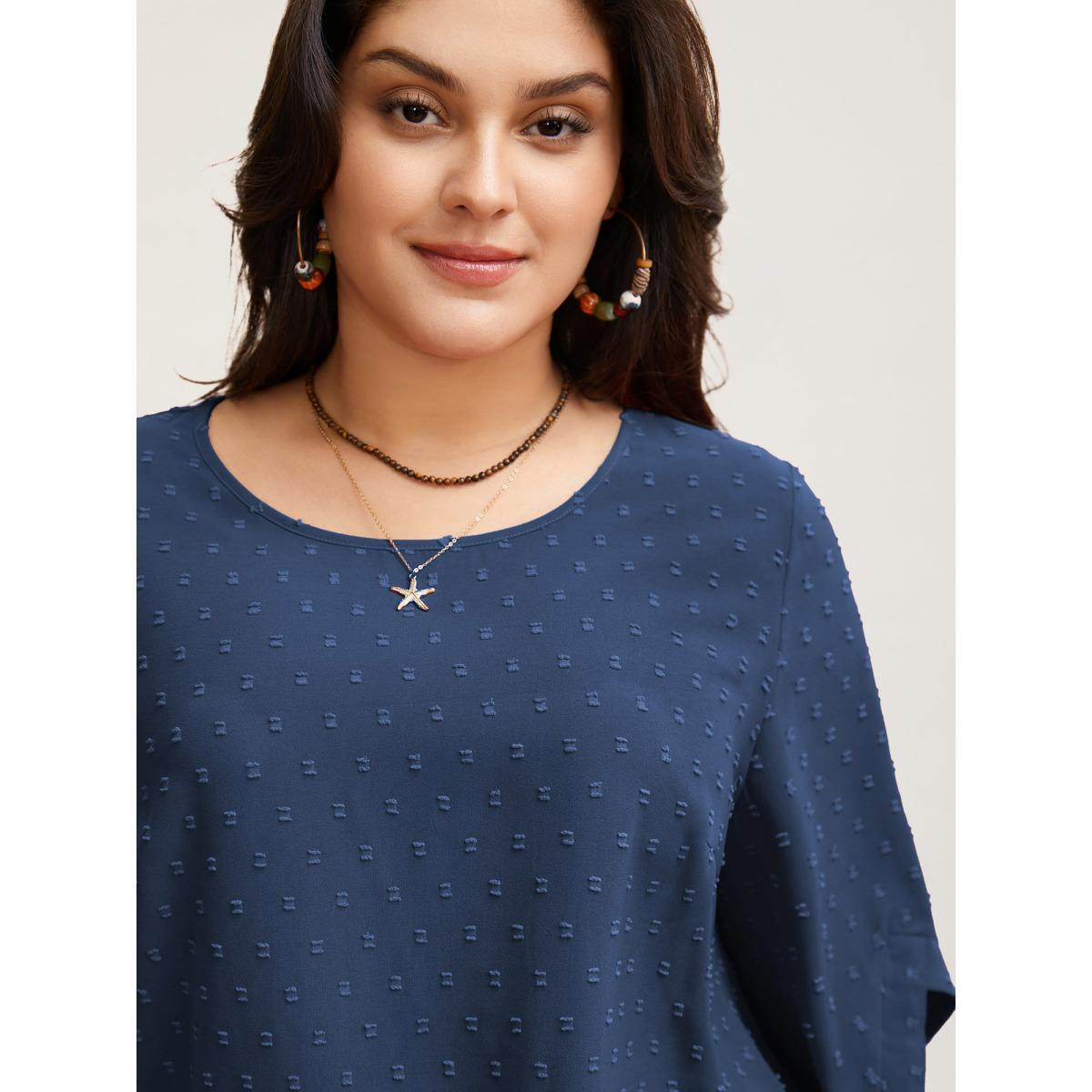 Plus Size Deepred Textured Round Neck Bell Sleeve Blouse Women Elegant Elbow-length sleeve Round Neck Everyday Blouses BloomChic 14-16/1X Product Image