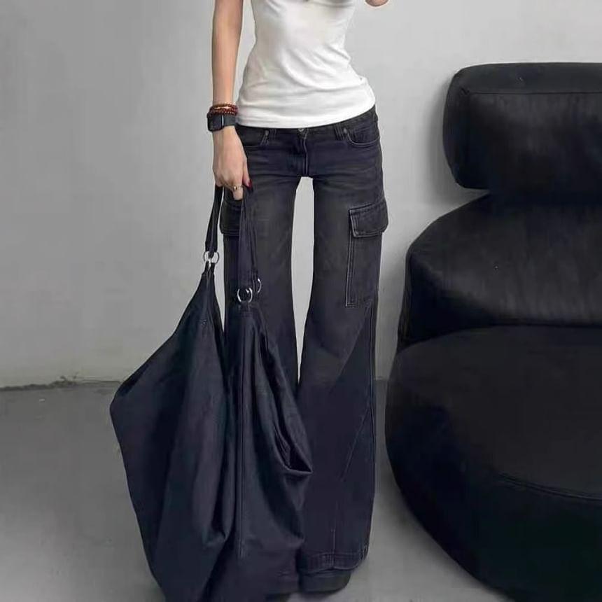Low Rise Washed Pocket Straight-Fit Boot-Cut Jeans Product Image