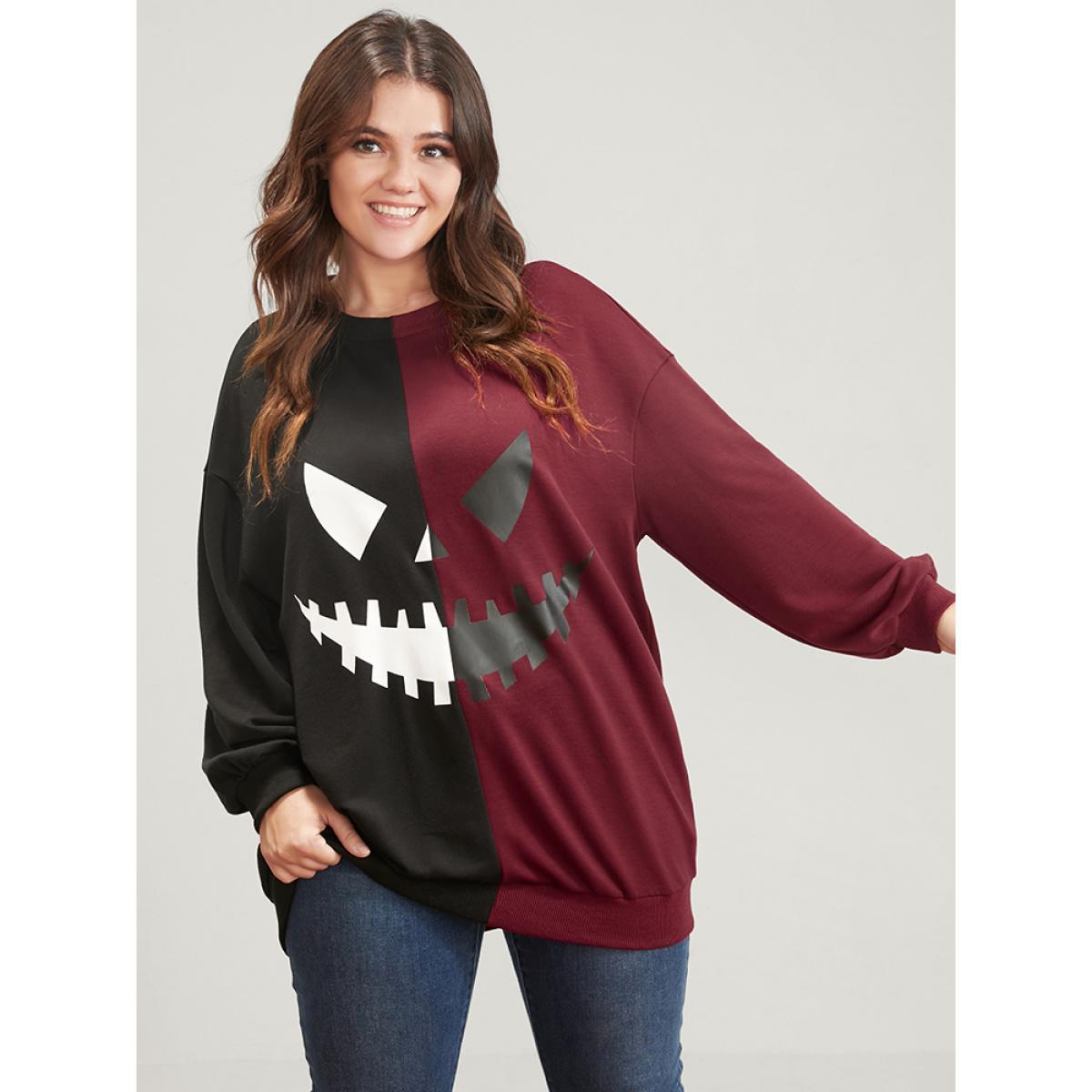 Plus Size Halloween Contrast Drop Shoulder Sweatshirt Women Scarlet Party Contrast Round Neck Festival-Halloween Sweatshirts BloomChic 10/M Product Image