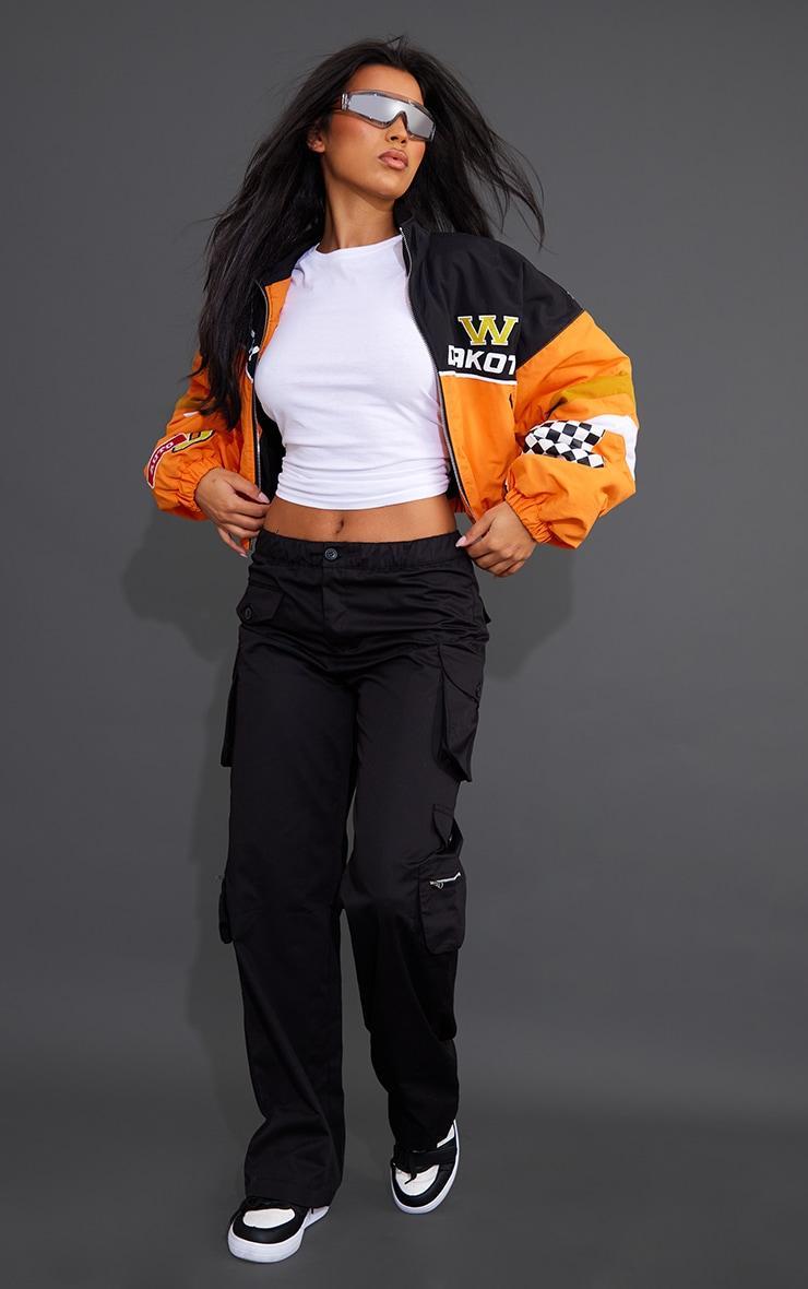 Orange Cropped Oversized Graphic Zipped Racer Bomber Jacket Product Image