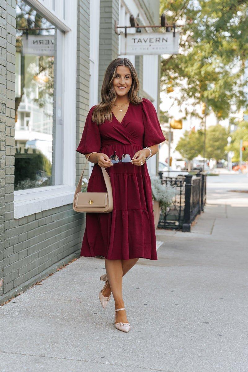 Wine Tiered Midi Wrap Dress - FINAL SALE Female Product Image