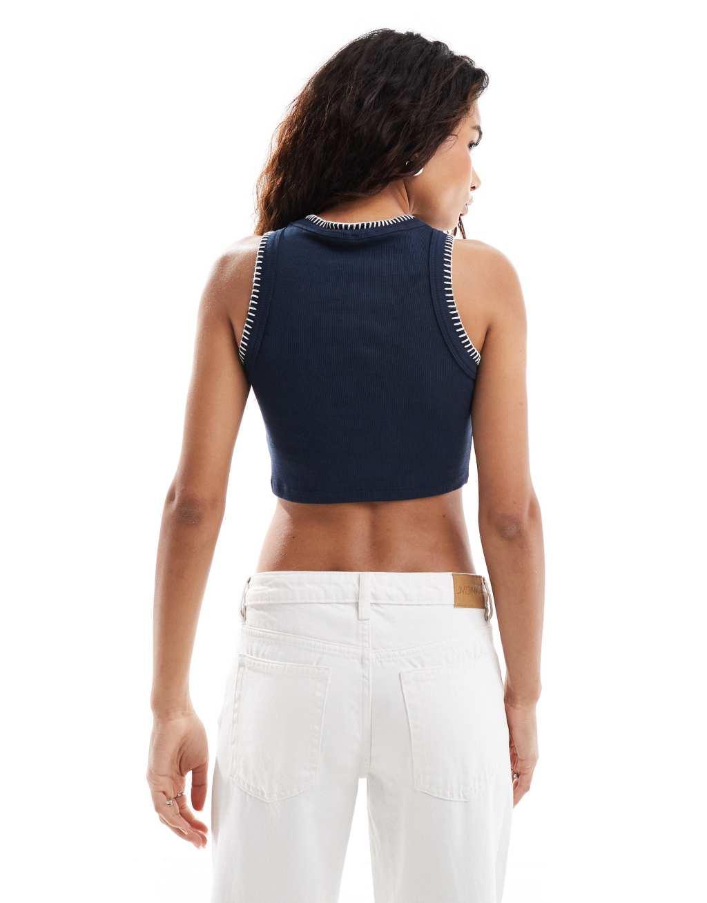 Noisy May ribbed tank top with contrast seam detail in navy Product Image