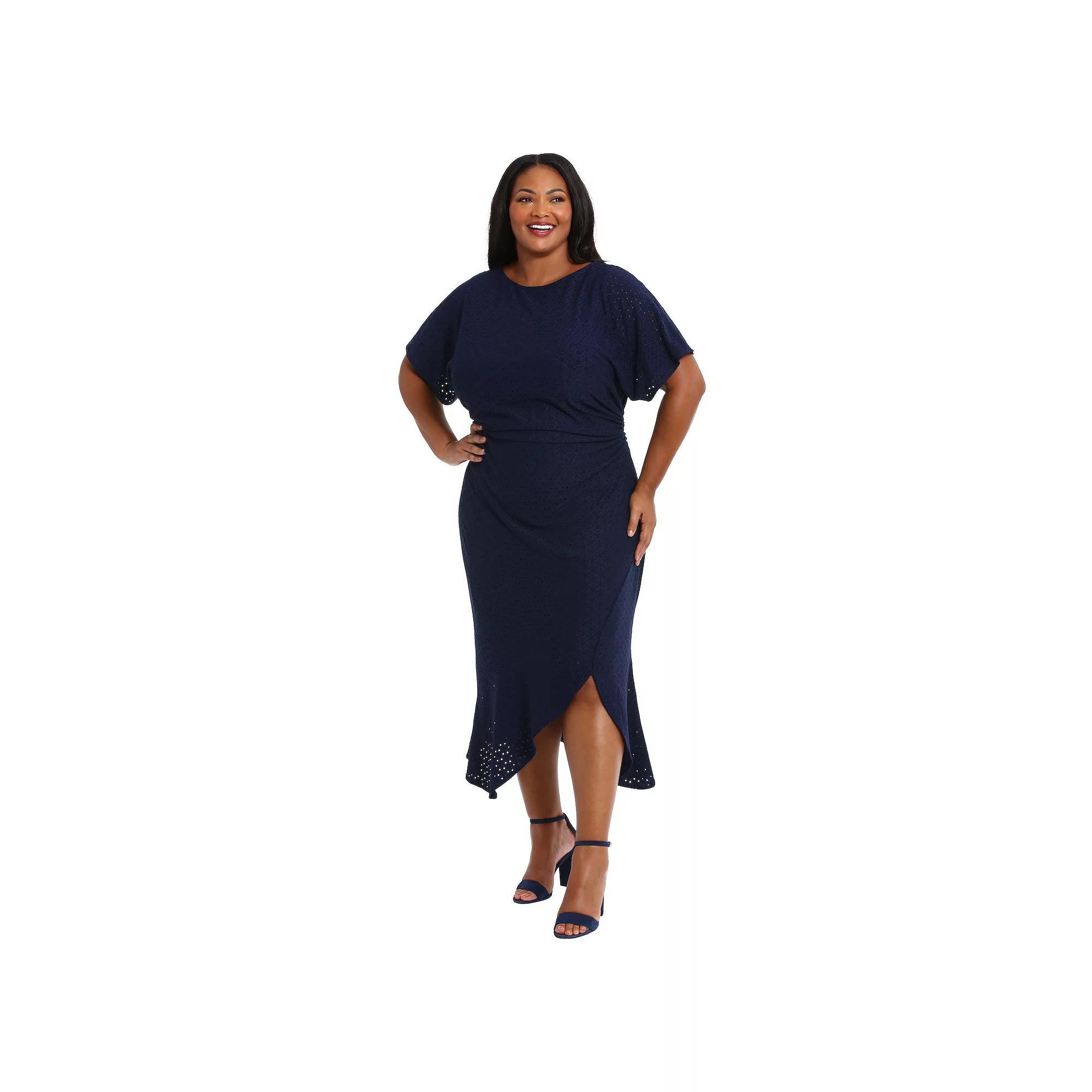 Plus Size London Times Eyelet Asymmetric Hem Midi Dress, Women's, Size: 14 W, Blue Product Image