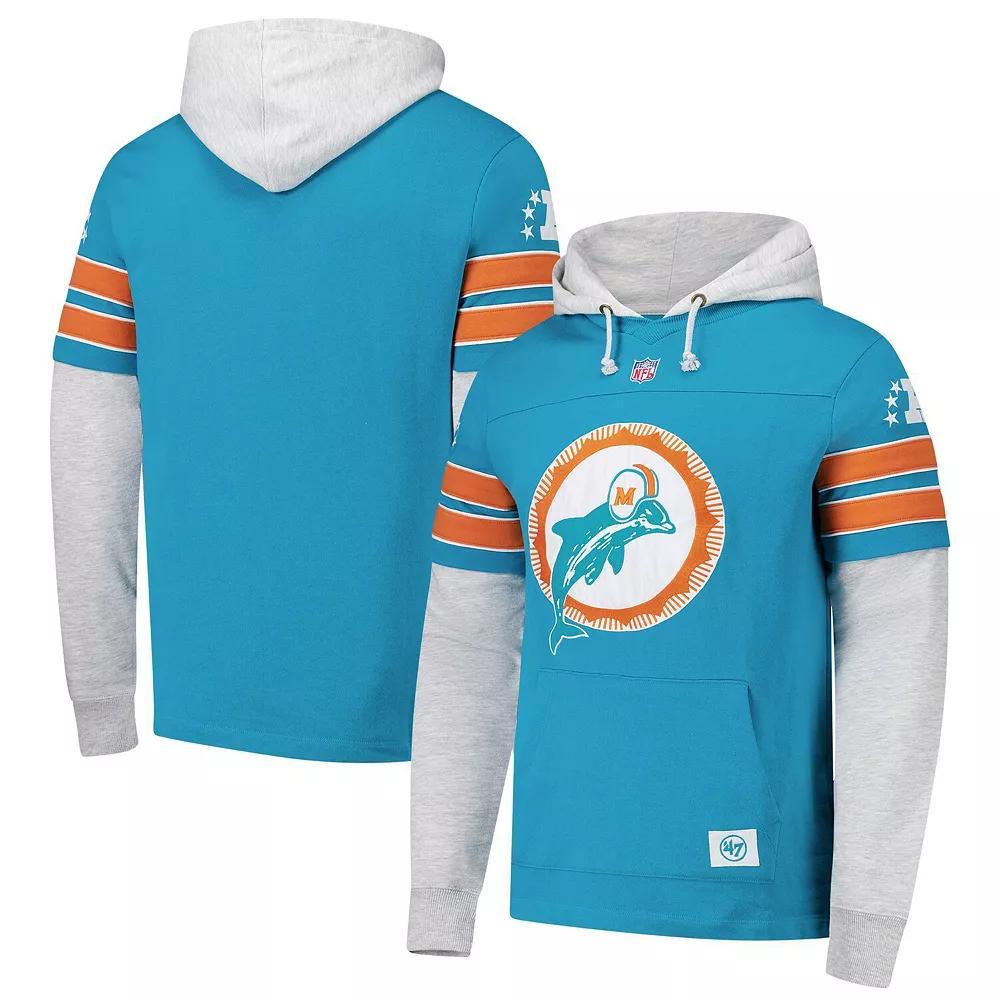 Men's '47 Aqua Miami Dolphins  Double Header Blitz Throwback Cornerback Pullover Hoodie, Size: 2XL, Turquoise A Product Image