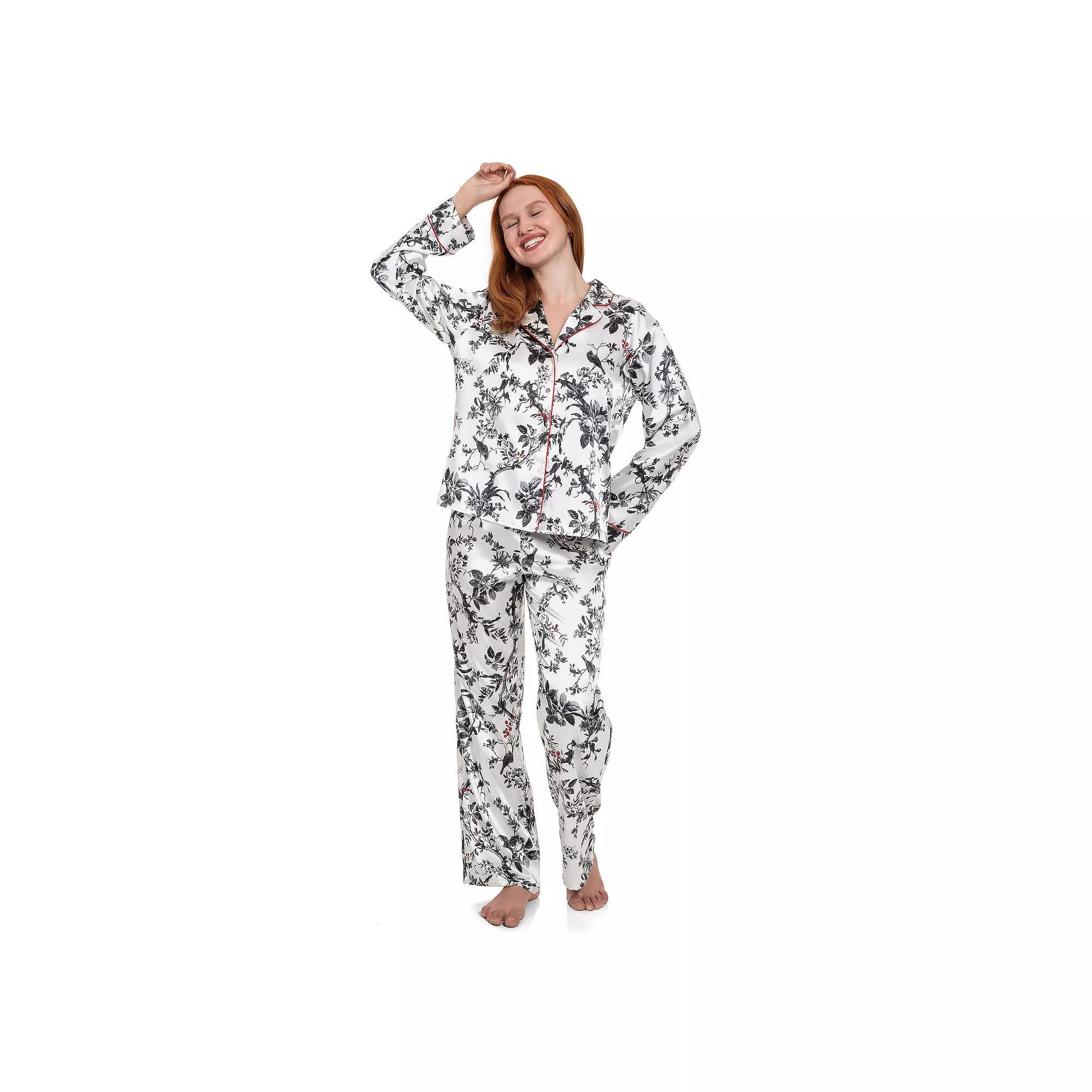 Women's Lilac+London Long Satin Notch Collar Pajama Top & Pajama Bottoms Set, Size: XXL LONG, Ivory Black Product Image