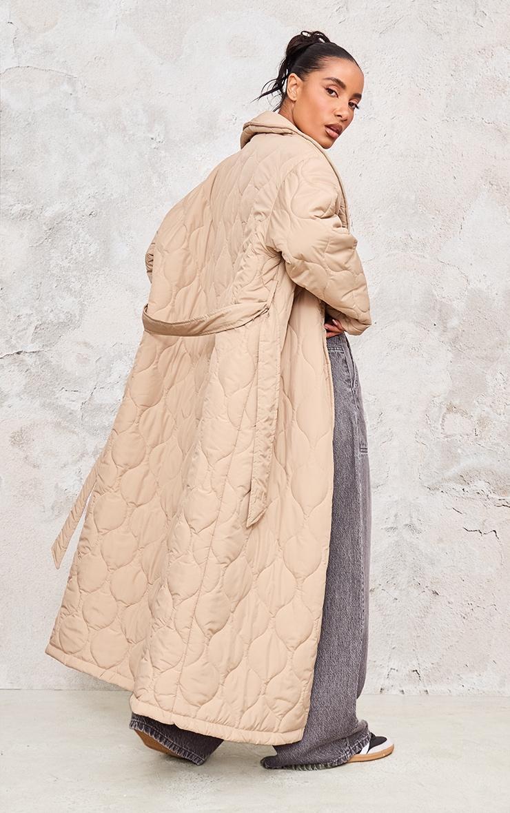 Stone Maxi Belted Quilted Coat Product Image