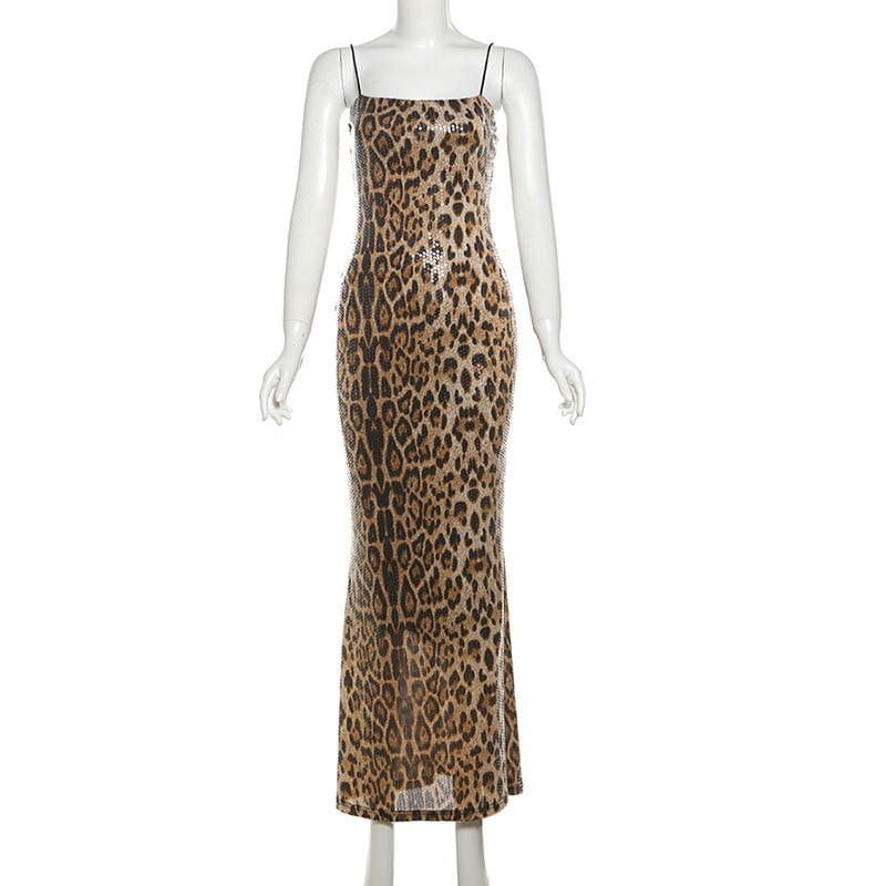 Spaghetti Strap Leopard Print Sequin Open Back Slit Maxi Bodycon Dress Product Image