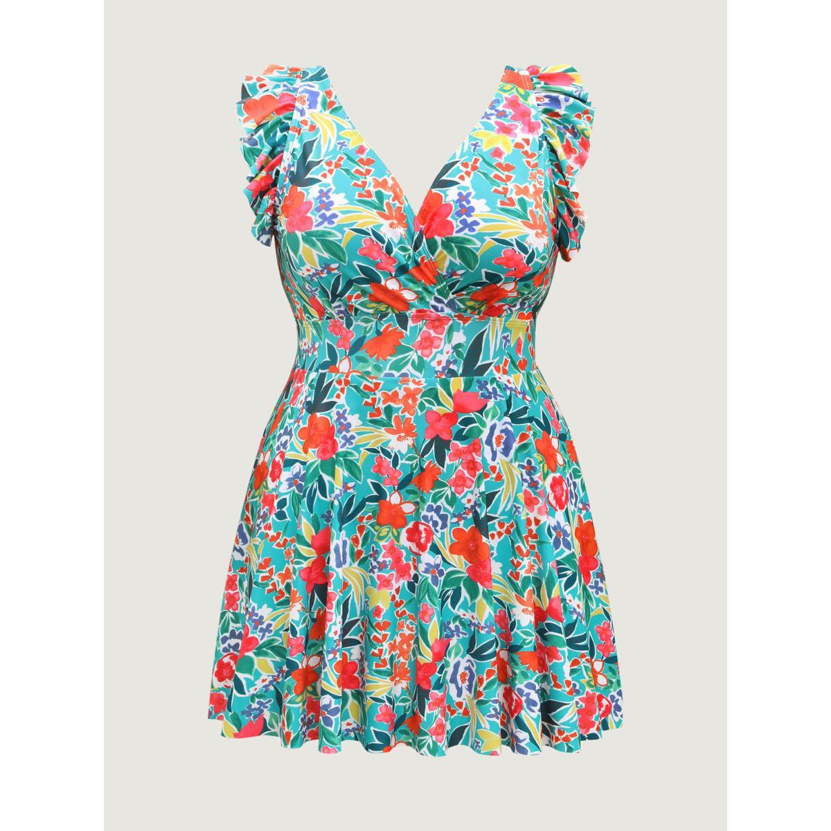 Plus Size Anti-Float Tie Ruffled Floral Swim Dress Women's Swimwear Malachitegreen Beach Bodycon Overlap Collar High stretch Curve Swim Dresses BloomChic 10/M Product Image