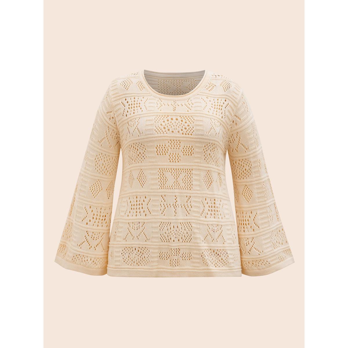 Plus Size Cotton Texture Cut Out Bell Sleeve Pullover Apricot Women Casual Long Sleeve Round Neck Everyday Pullovers BloomChic 26/4X Product Image