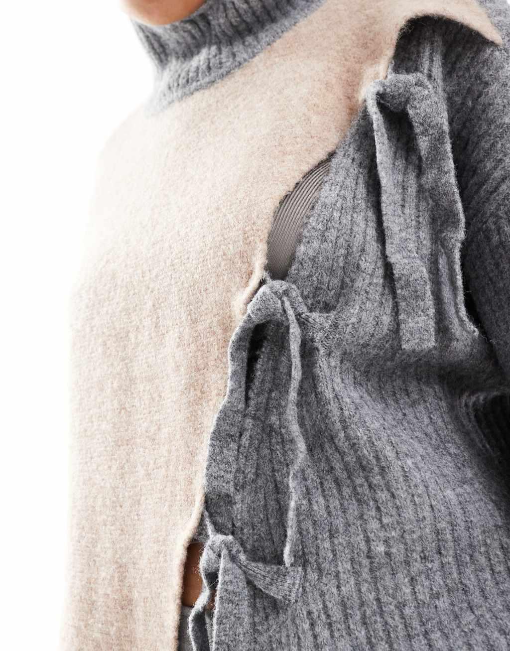 ASOS DESIGN high neck sweater with tie detail and color block in neutral Product Image