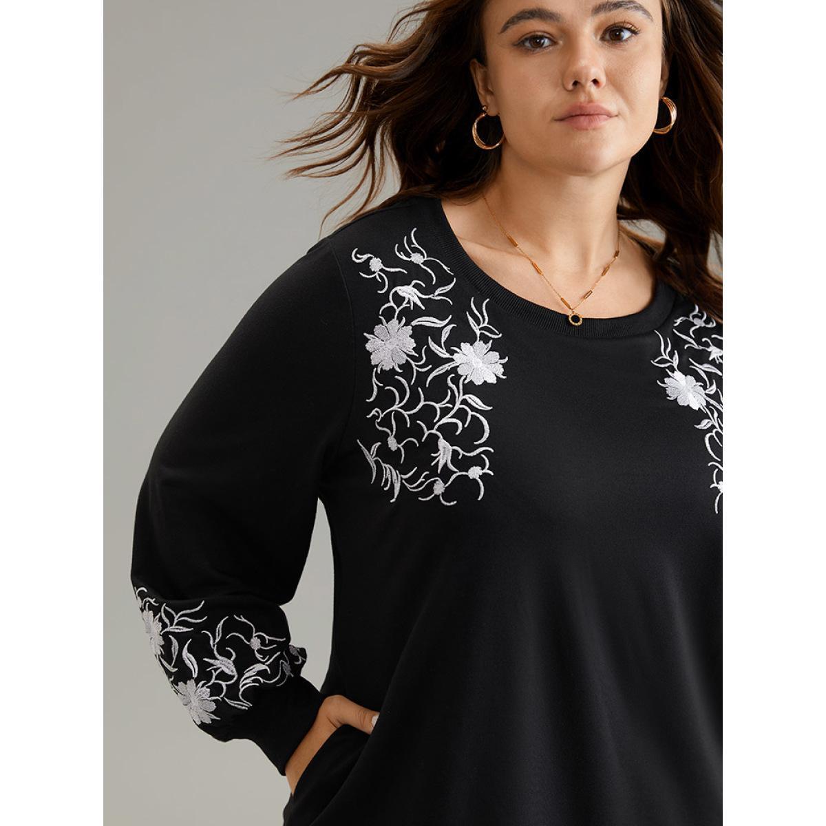 Plus Size Floral Embroidered Pocket Elastic Cuffs Sweatshirt Women Black Elegant Rib Knit Round Neck Dailywear Sweatshirts BloomChic 14-16/1X Product Image