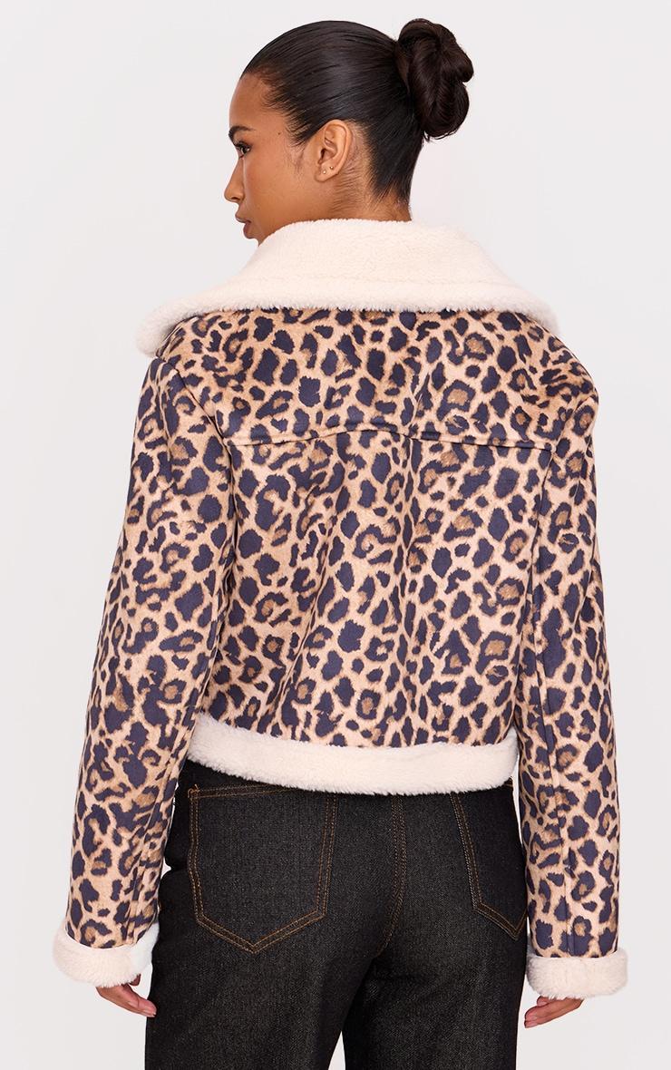Brown Leopard Faux Suede Aviator Jacket Product Image