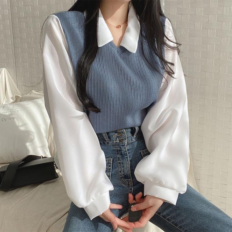 Mock Two-Piece Puff-Sleeve Two-Tone Collared Sweater Product Image