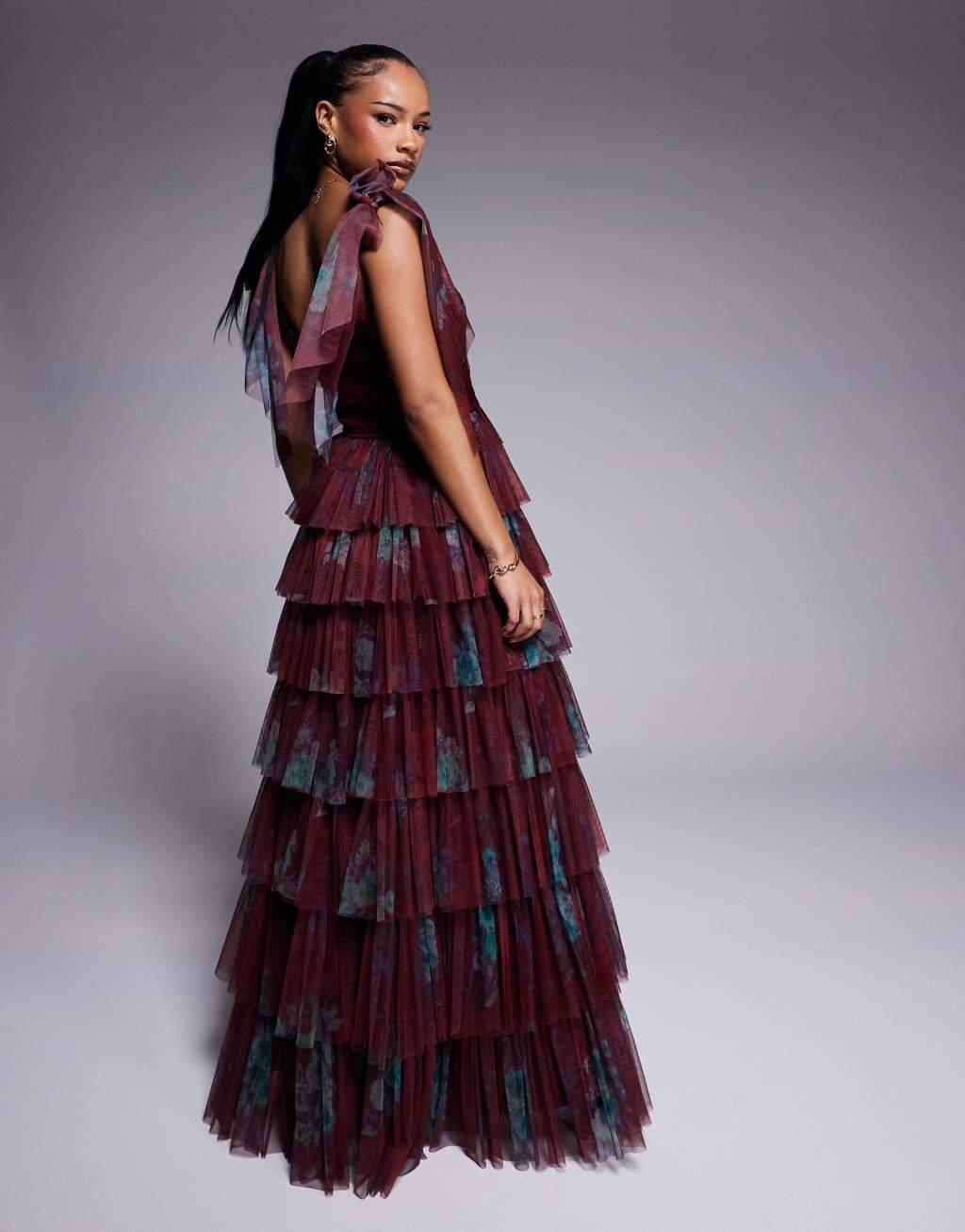 Lace & Beads Petite tiered ruffle midaxi dress in burgundy floral Product Image