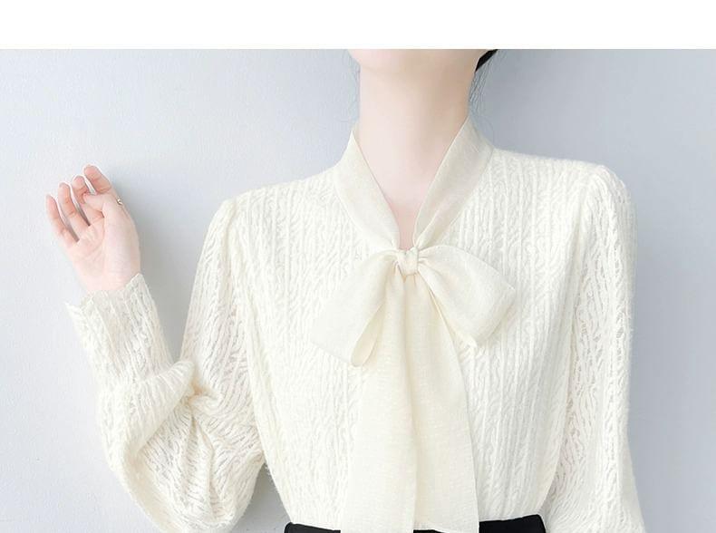 Long-Sleeve Tie-Neck Plain Blouse Product Image