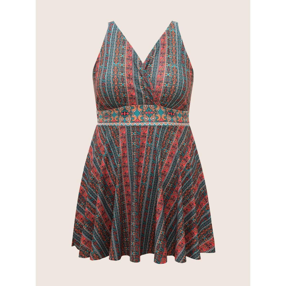 Plus Size Overlap Collar Bandana Print Patchwork Swim Dress Women's Swimwear Crimson Beach Bodycon V-neck High stretch Curve Swim Dresses BloomChic 12/L Product Image