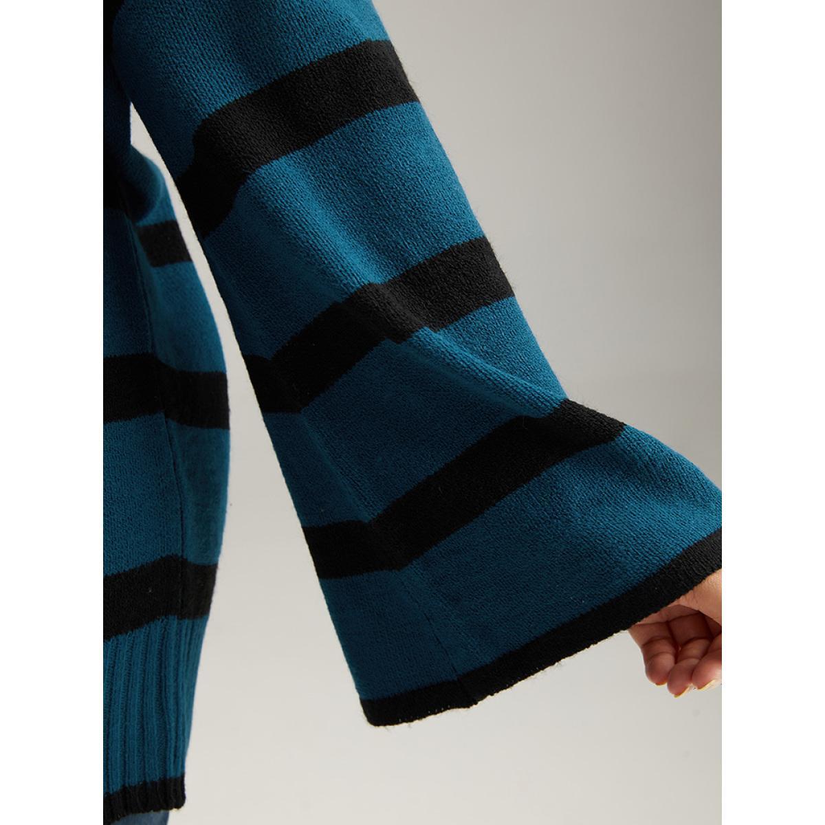 Plus Size Striped Bell Sleeve Moderately Stretchy Pullover Burgundy Women Casual Loose Long Sleeve V-neck Dailywear Pullovers BloomChic 18-20/2X Product Image