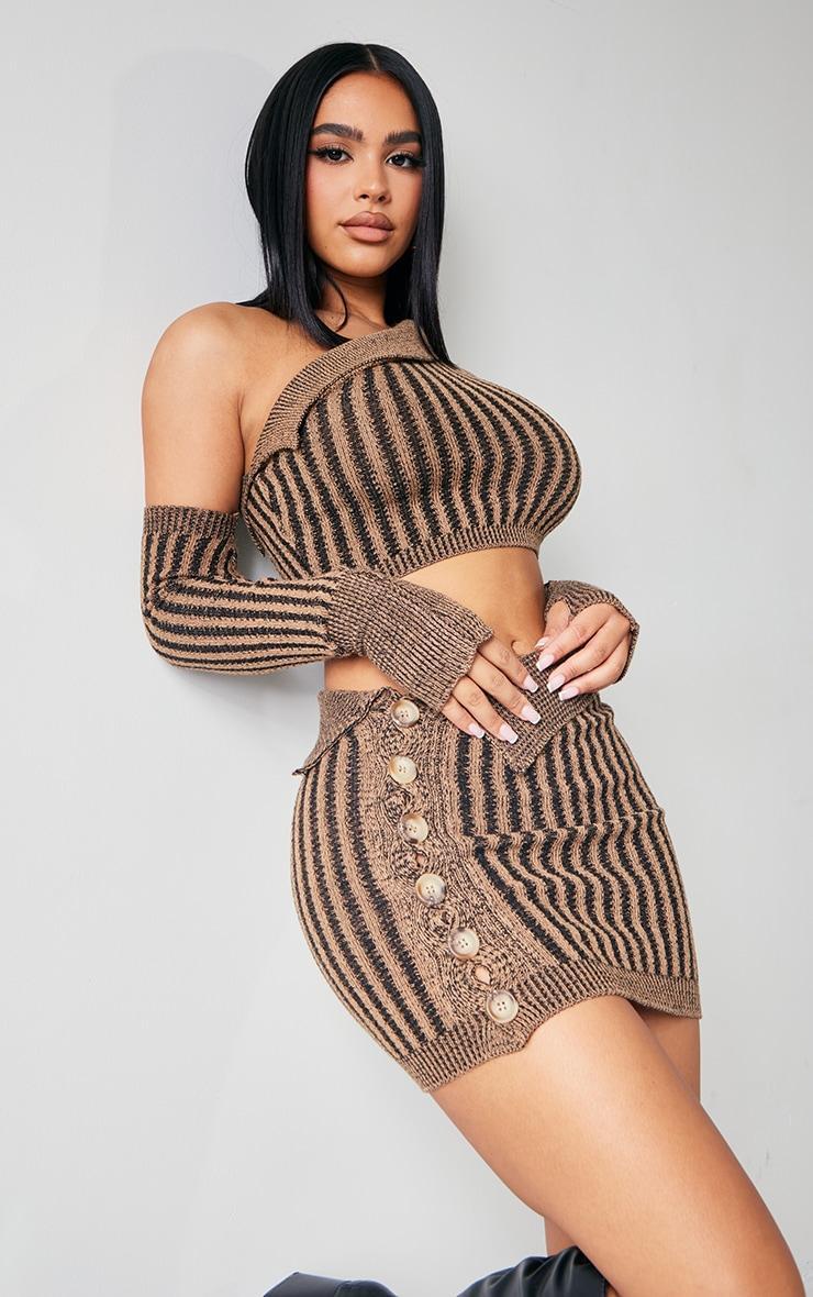 Petite Chocolate Knitted Button Front Bodycon Mini Skirt Product Image