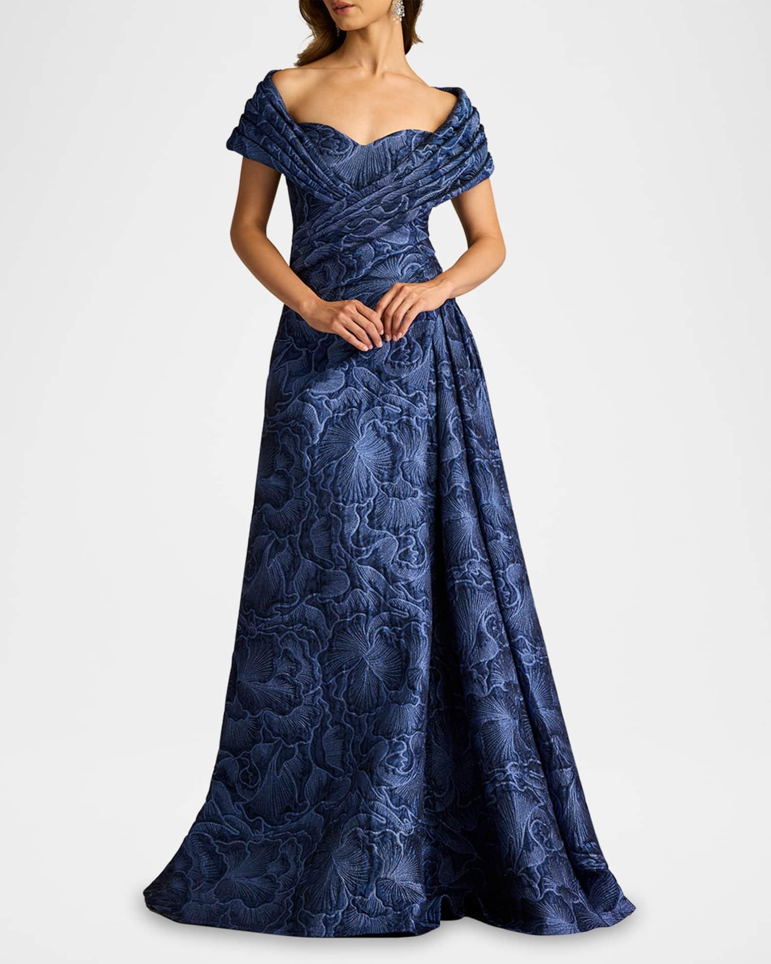 Pleated Off-Shoulder Floral Jacquard Gown Product Image