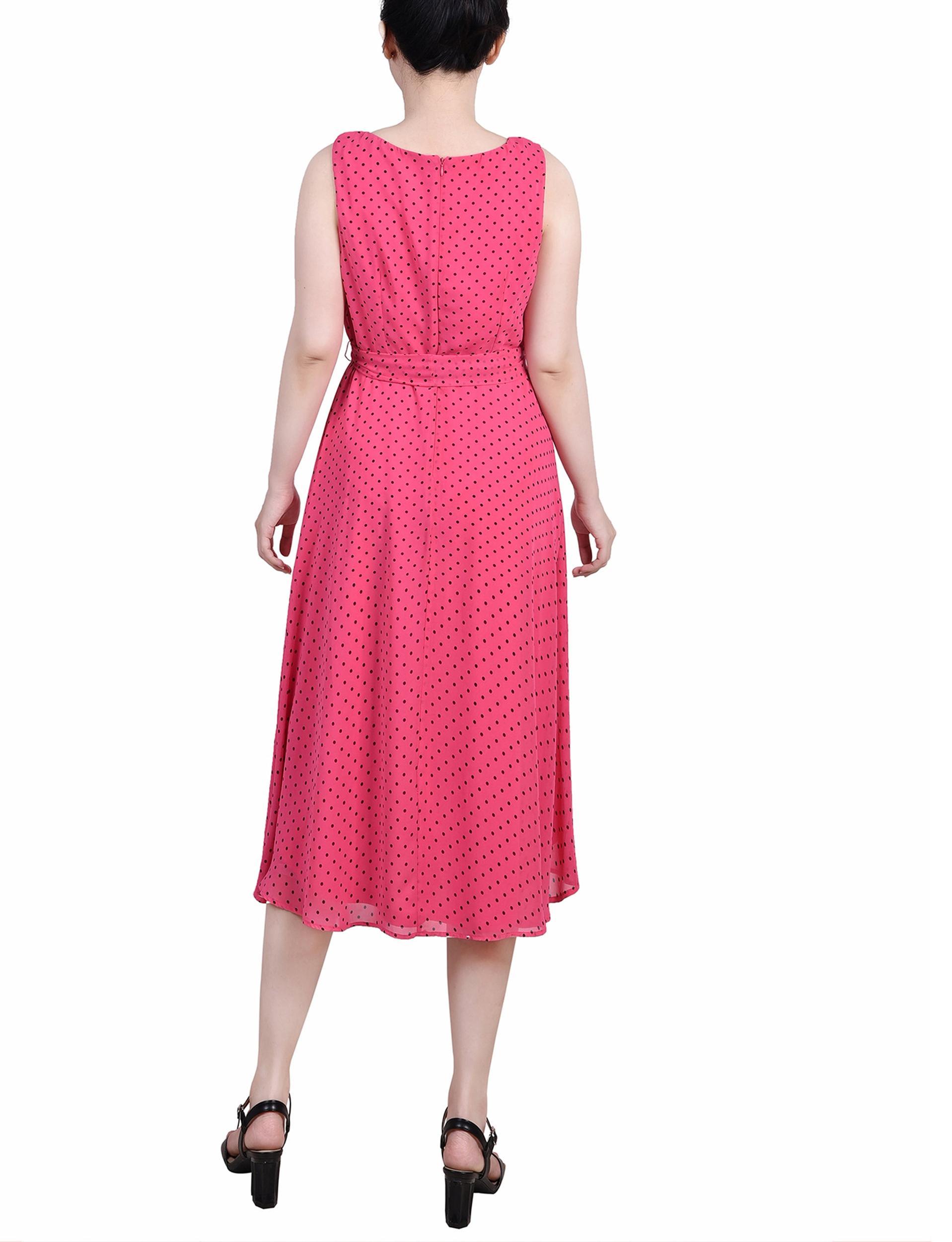 Pink Black Fantasy Dot Sleeveless Chiffon Belted Dress - Petite Product Image