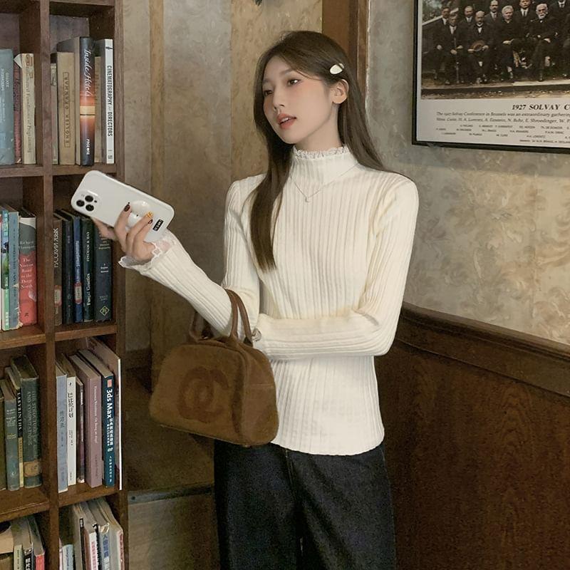 Mock Neck Plain Lace Trim Ribbed Sweater Product Image