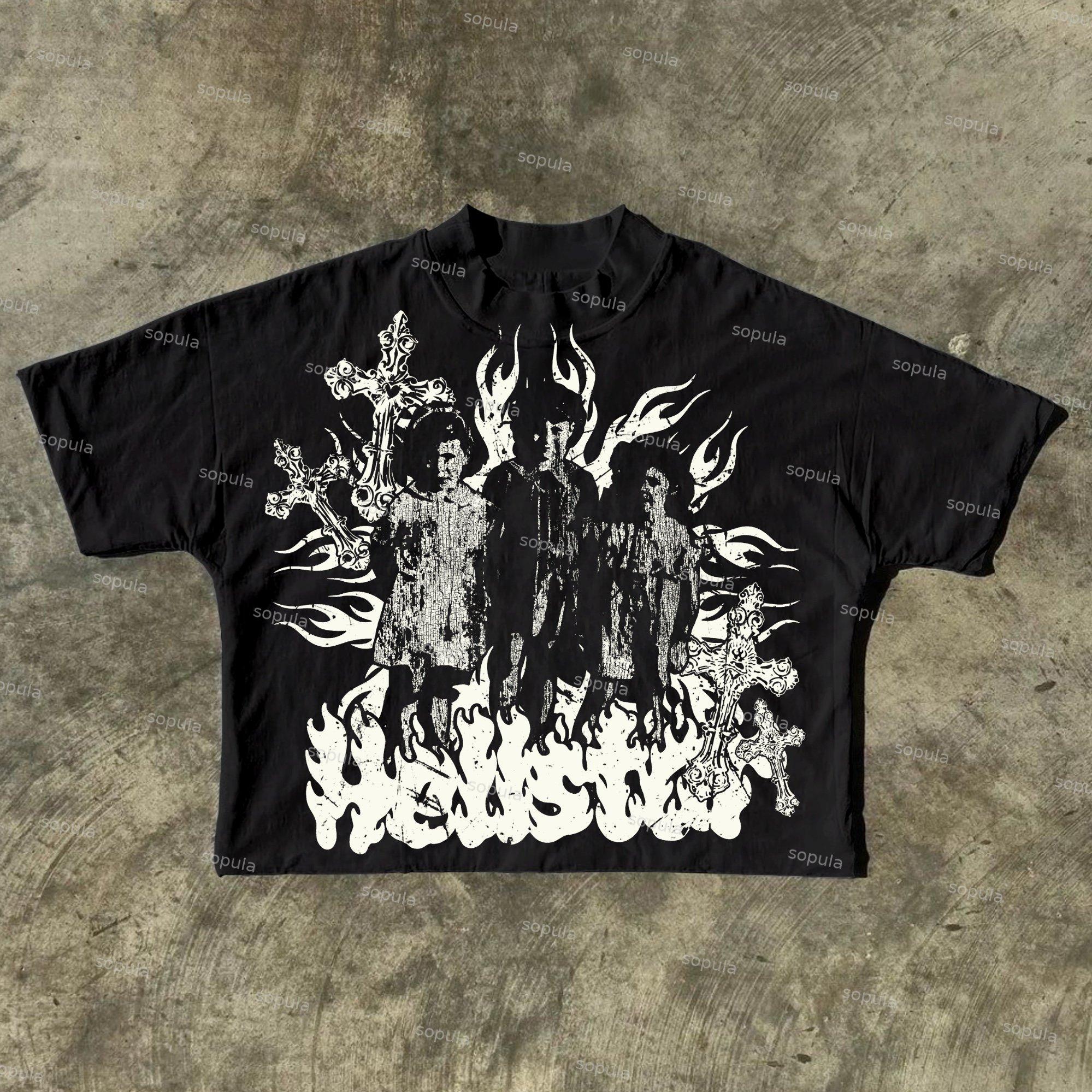 Sopula Flame Character Cross Peace Destruction Old Retro Graphics Cotton Cropped T-Shirt Product Image