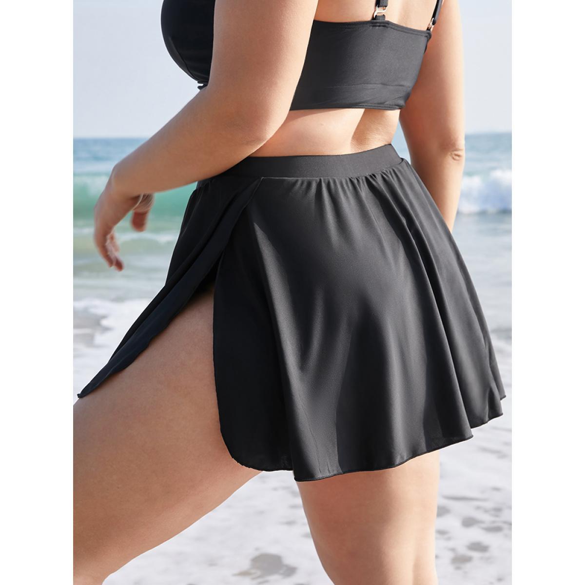 Plus Size Plain High Waist Split Hem Swim Skirt Women's Swimwear Black Beach Non High stretch Bodycon High Rise Curve Swim Bottoms BloomChic 10/M Product Image