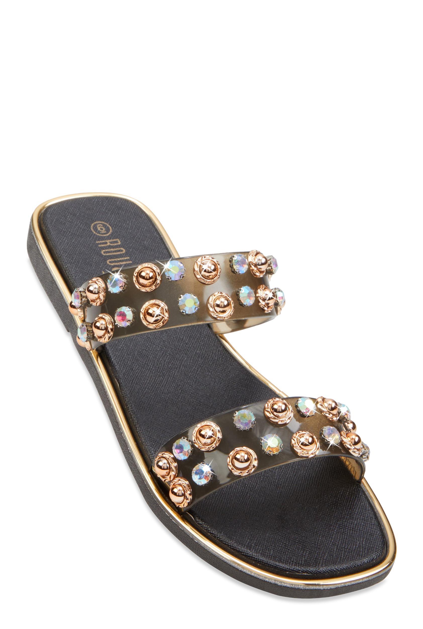 Womens Metallic Trim Studded Double Band Slide Sandals Product Image