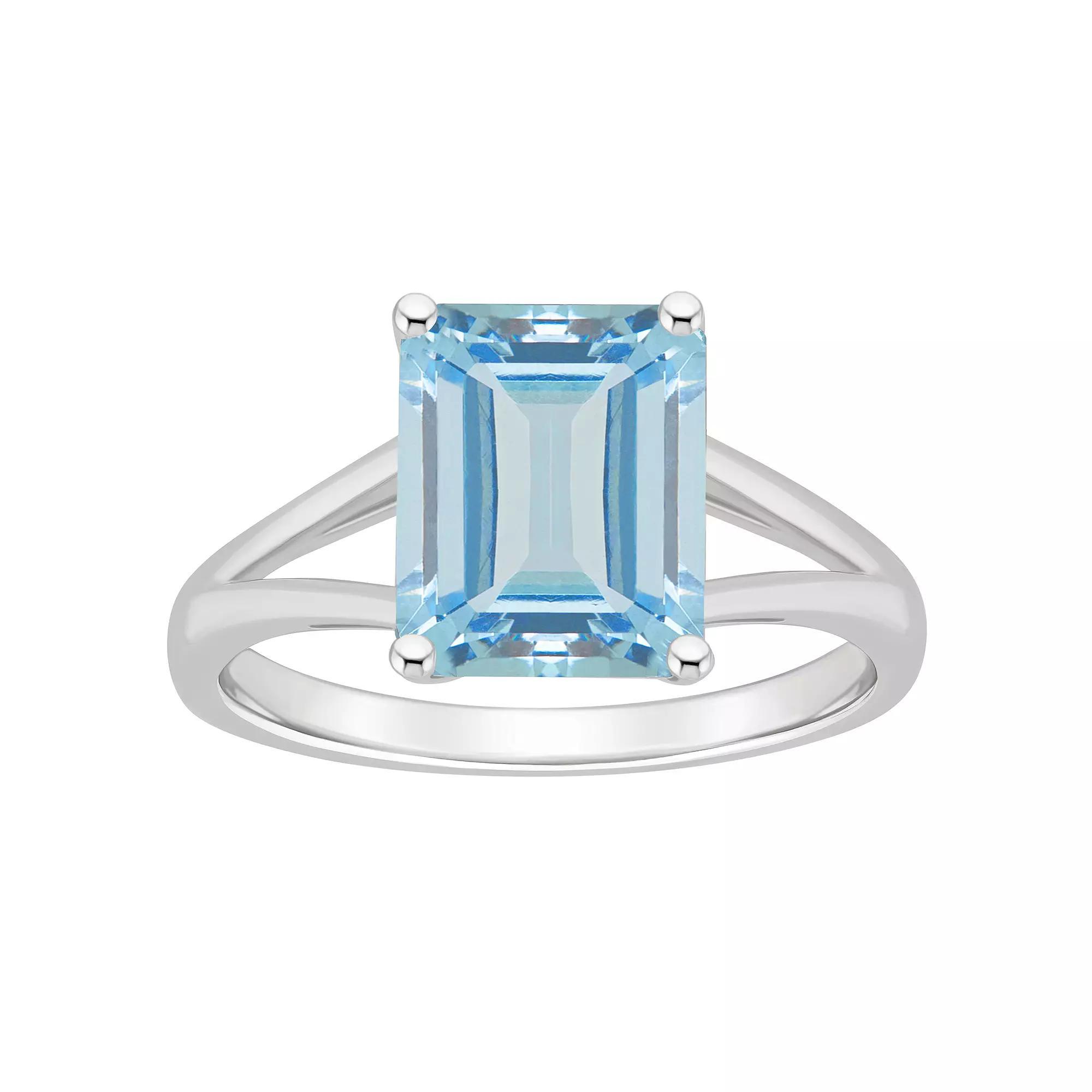 Alyson Layne Sterling Silver 10 mm x 8 mm Emerald Cut Gemstone Split Shank Solitaire Ring, Womens, Blue Topaz Product Image