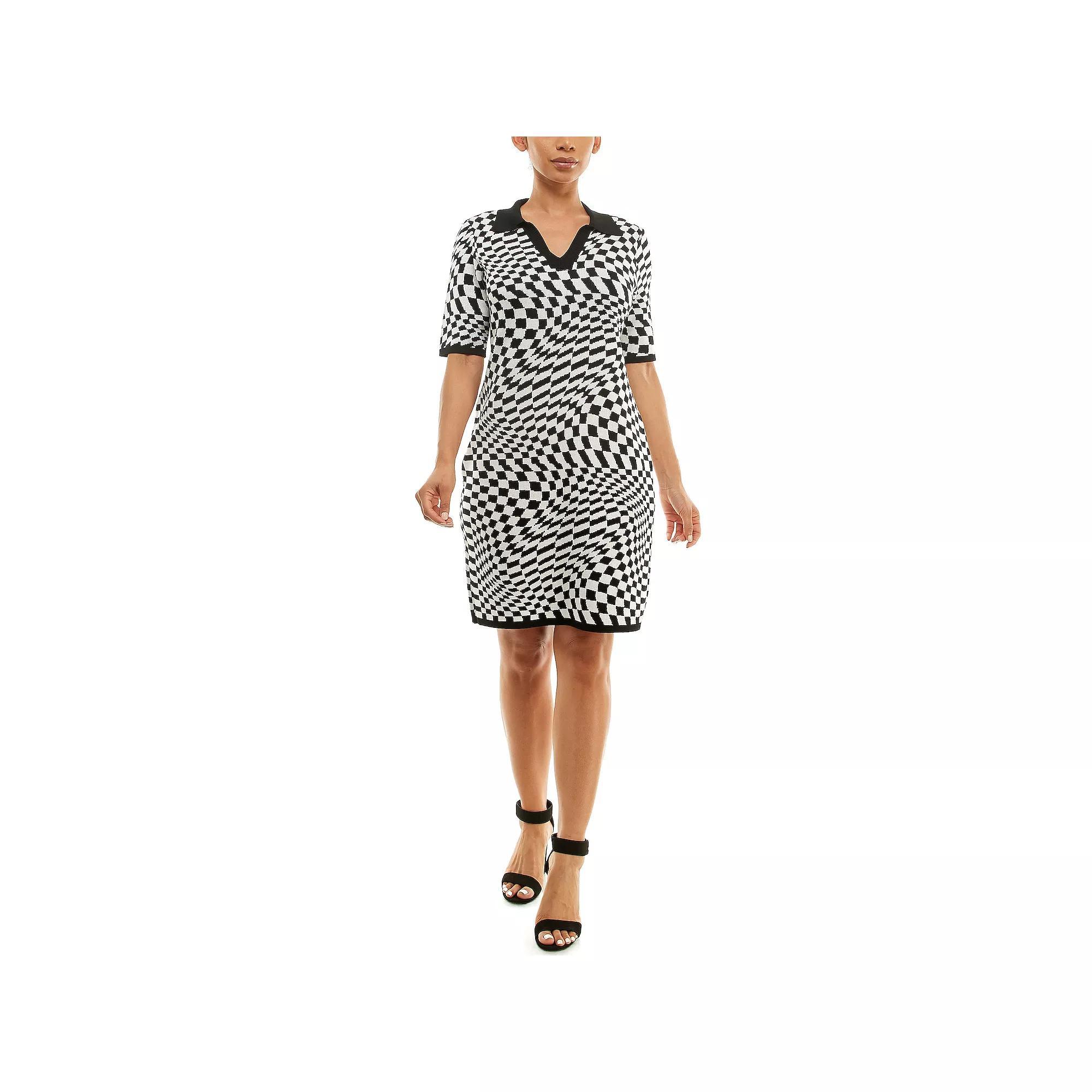 Women's Nina Leonard Abstract Jacquard Sweater Dress, Size: XL, Black Ivory Product Image