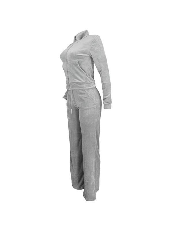 Solid Collar Neck Jacket & Lace Up Pants Set Product Image