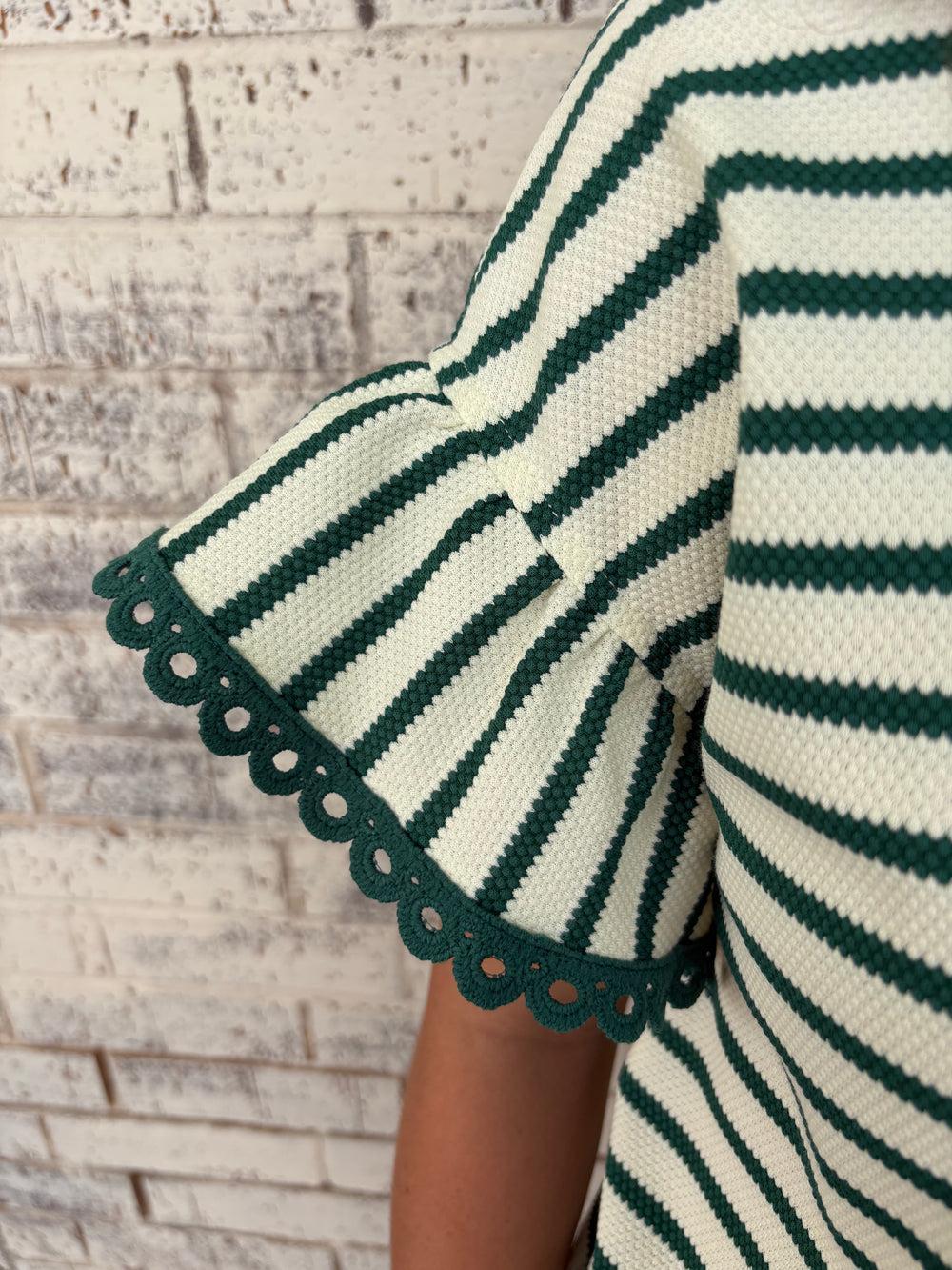 Green Stripe Scallop Lace Trim Ruffle Crewneck Top Product Image
