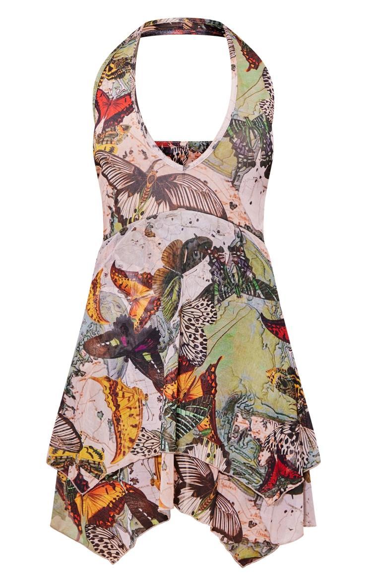 Khaki Butterfly Print Mesh Halterneck Tiered Shift Dress Product Image