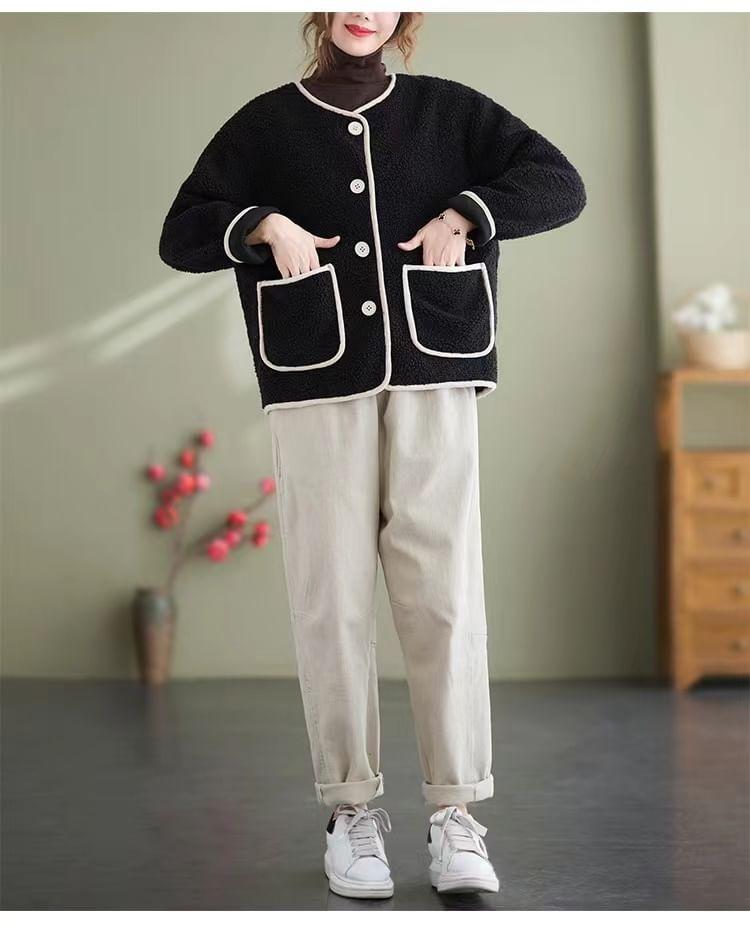 Plain Contrast Trim Faux Shearling Single-Breasted Jacket Product Image