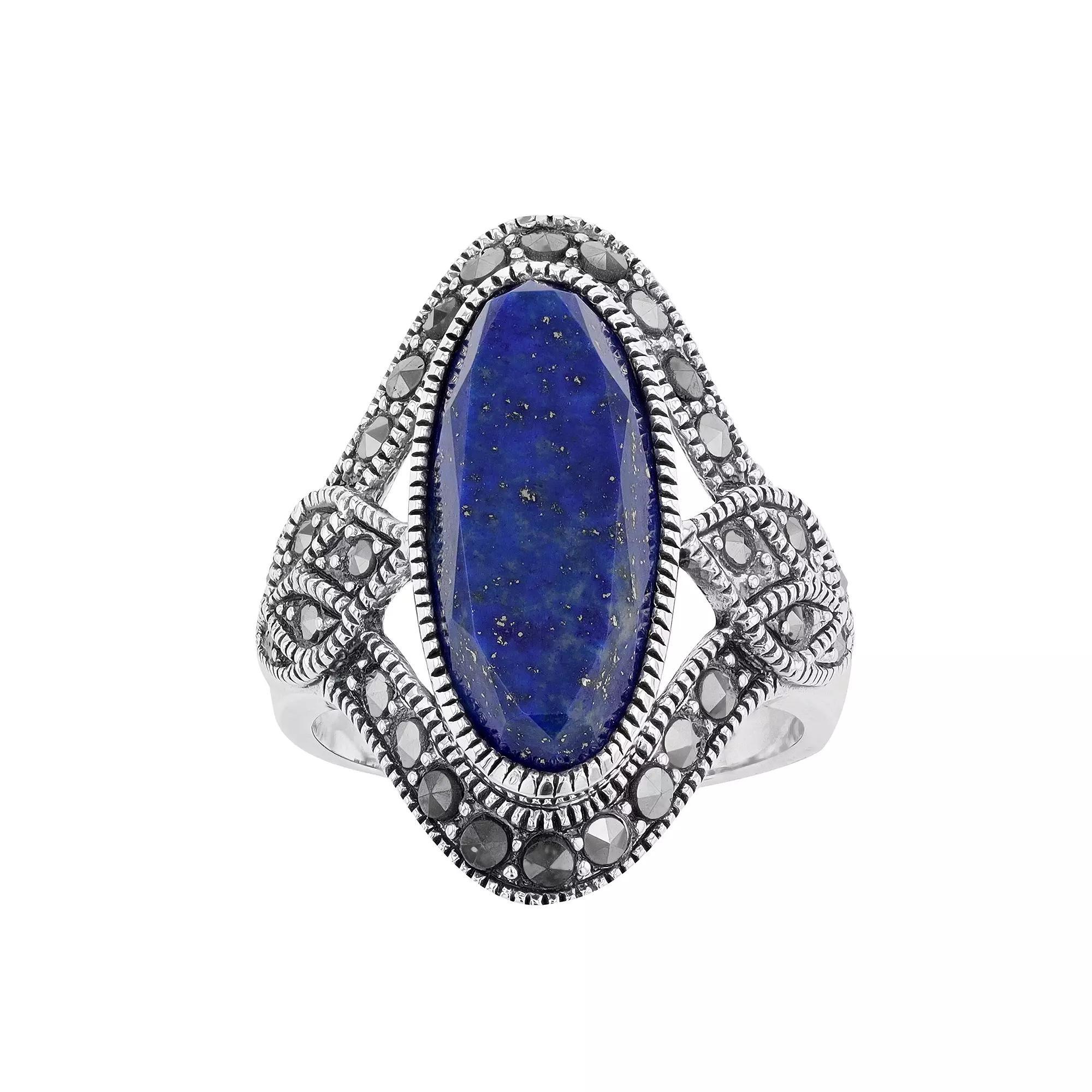 Lavish by TJM Sterling Silver Lapis Lazuli & Marcasite Cocktail Ring, Womens Product Image