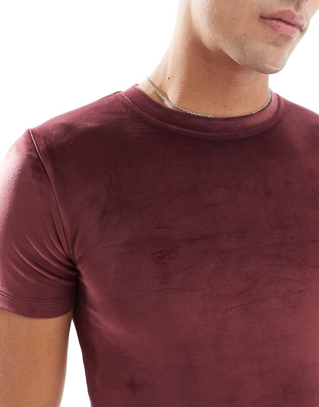 ASOS DESIGN muscle fit t-shirt in burgundy velour Product Image
