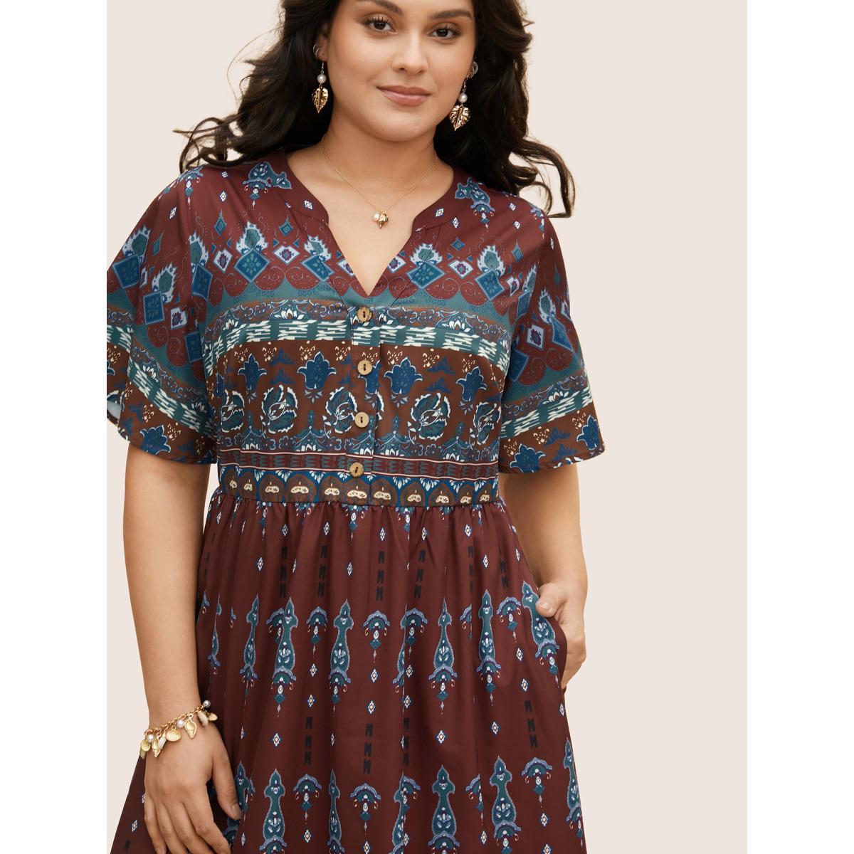 Plus Size Bandana Print Notched Button Detail Dress Scarlet Women Resort Gathered Notched collar Short sleeve Curvy BloomChic 26/4X Product Image