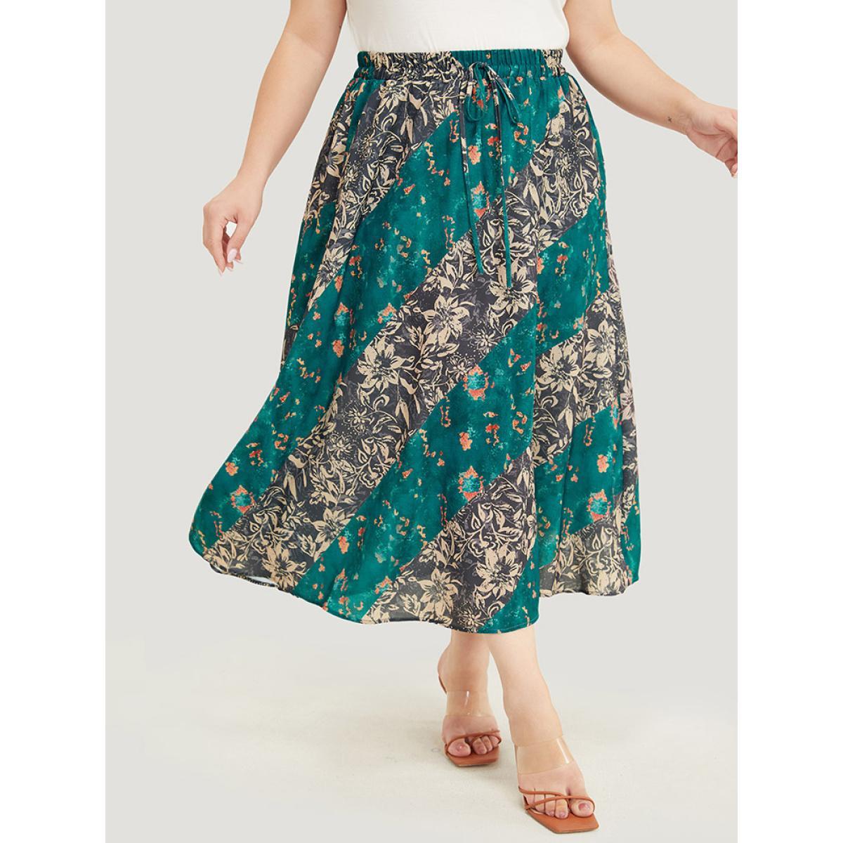 Plus Size Floral Contrast Pocket Knot Front Skirt Women Multicolor Elegant Contrast No stretch Pocket Dailywear Skirts BloomChic 22-24/3X Product Image