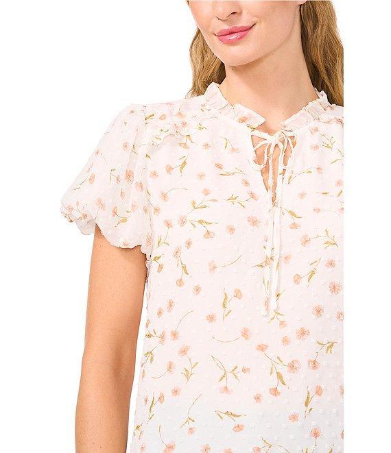 CeCe Woven Floral Print Split Round Neck Short Sleeve Tie Front Blouse Product Image