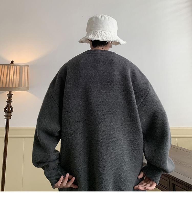 Long-Sleeve Crew Neck Plain Sweater Product Image