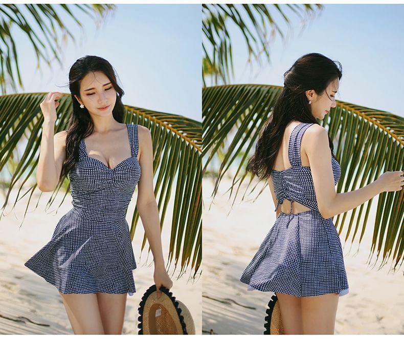 Couple Matching Tie-Dyed Shirred Swimdress / Long-Sleeve Contrast Trim Rash Guard / Swim Shorts / Set Product Image