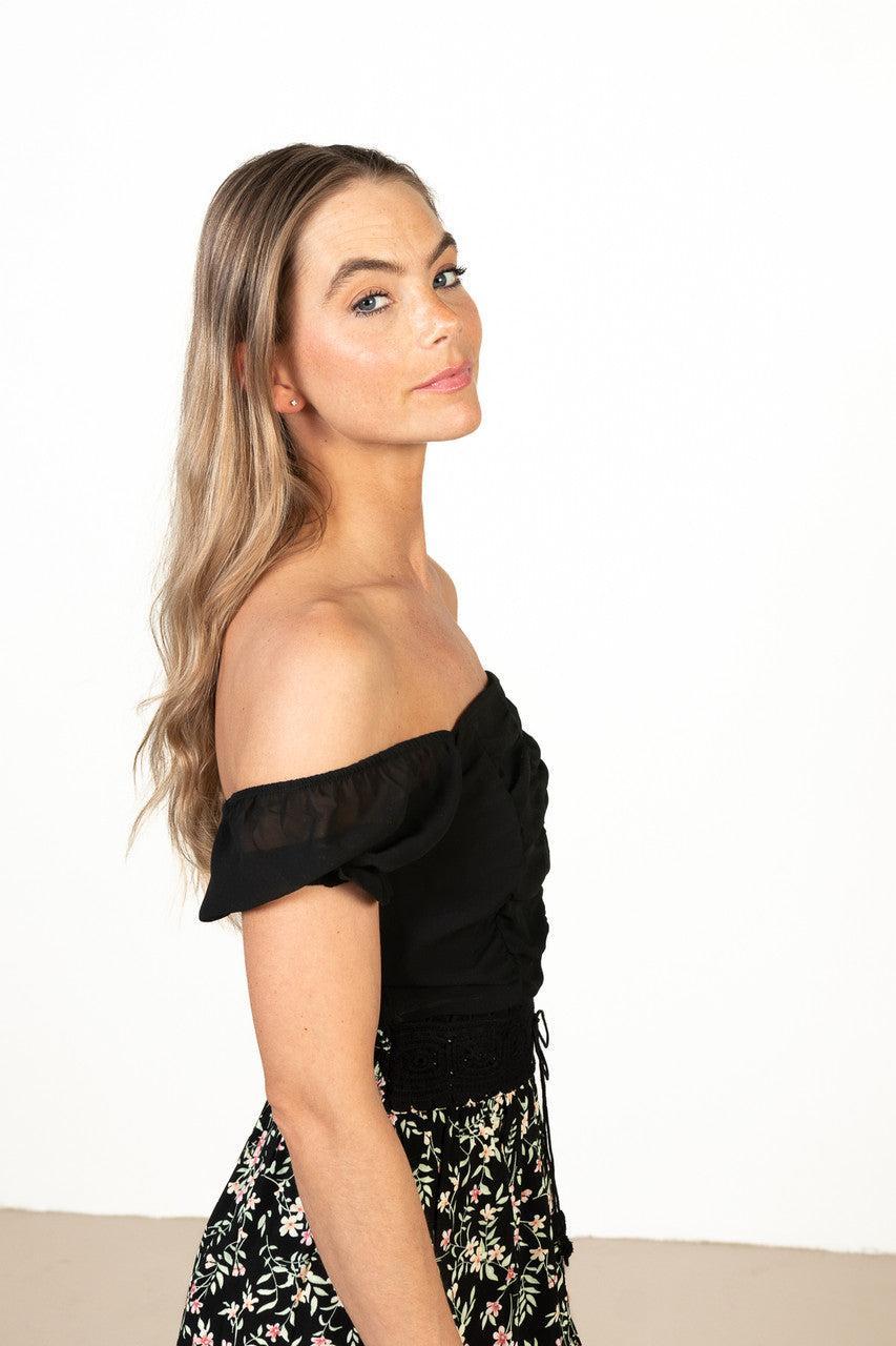 Ruched Front Black Chiffon Crop Product Image