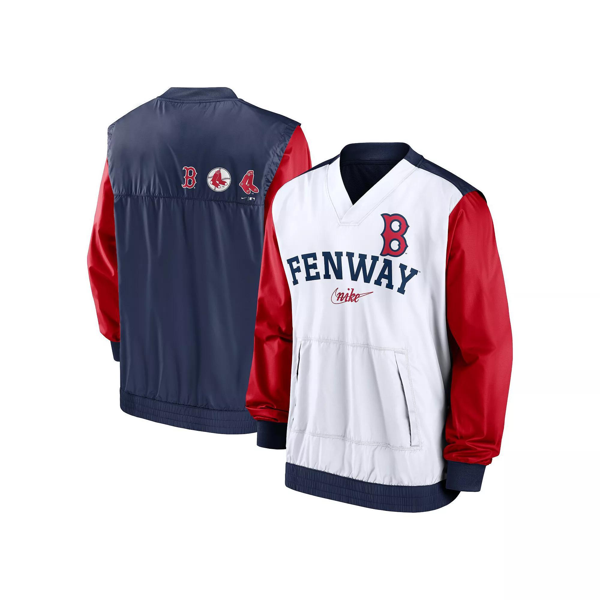 Men's Nike White/Navy Boston Red Sox Rewind Warmup V-Neck Pullover Jacket, Size: Large Product Image
