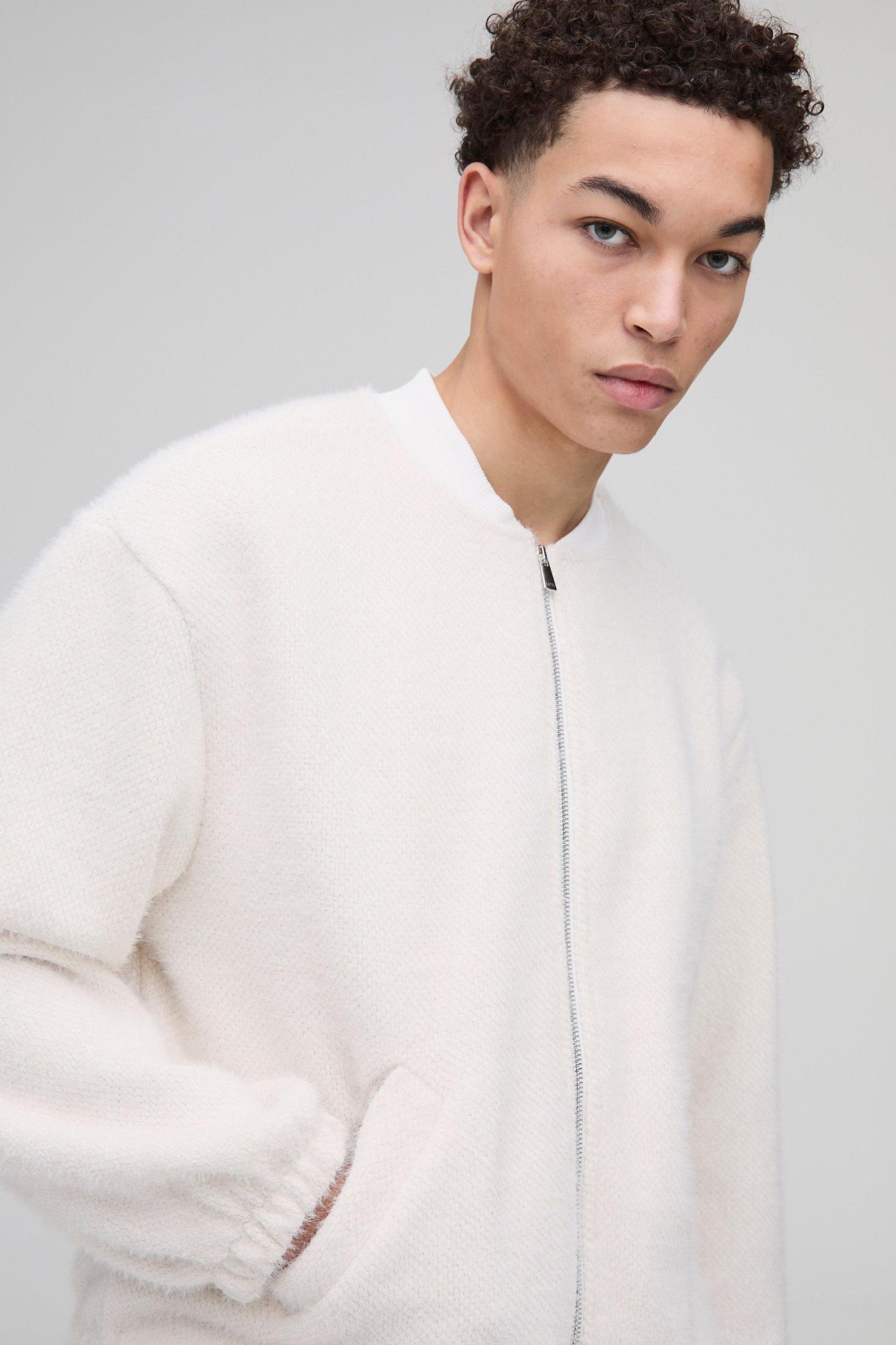 Oversized Boxy Fluffy Textured Bomber Jacket | boohooMAN USA Product Image