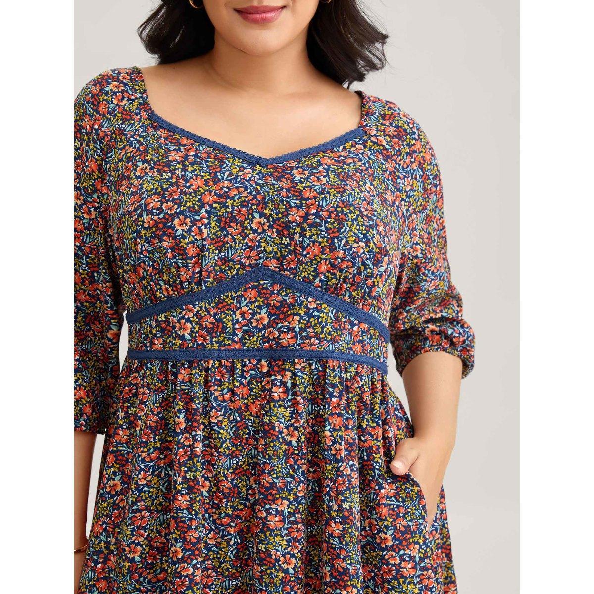 Plus Size Ditsy Floral Woven Ribbon Maxi Dress Navy Women Elegant Woven ribbon&lace trim Heart neckline Elbow-length sleeve Curvy BloomChic 28/5X Product Image